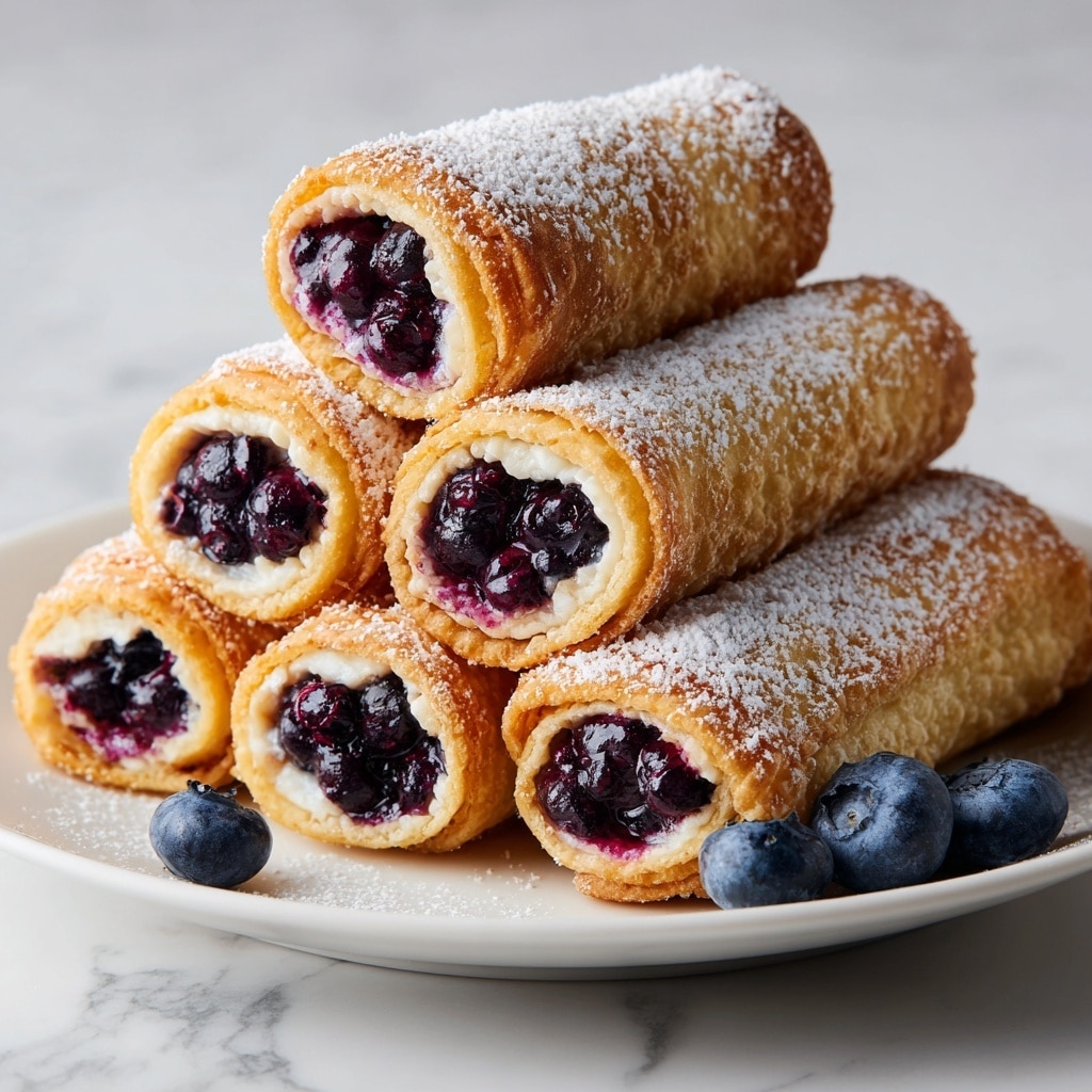 The image shows a stack of rolled pastries filled with a deep purple blueberry filling. Each roll is golden brown and crispy on the outside, with a light dusting of white powdered sugar on top. There are six rolls in two layers: the bottom layer has four rolls placed closely together, and the top layer has two rolls stacked in the center. On the right side near the rolls, there are a few whole fresh blueberries scattered on a white plate. The background is a smooth white marbled texture. Photo taken with an iphone --ar 4:5 --v 7