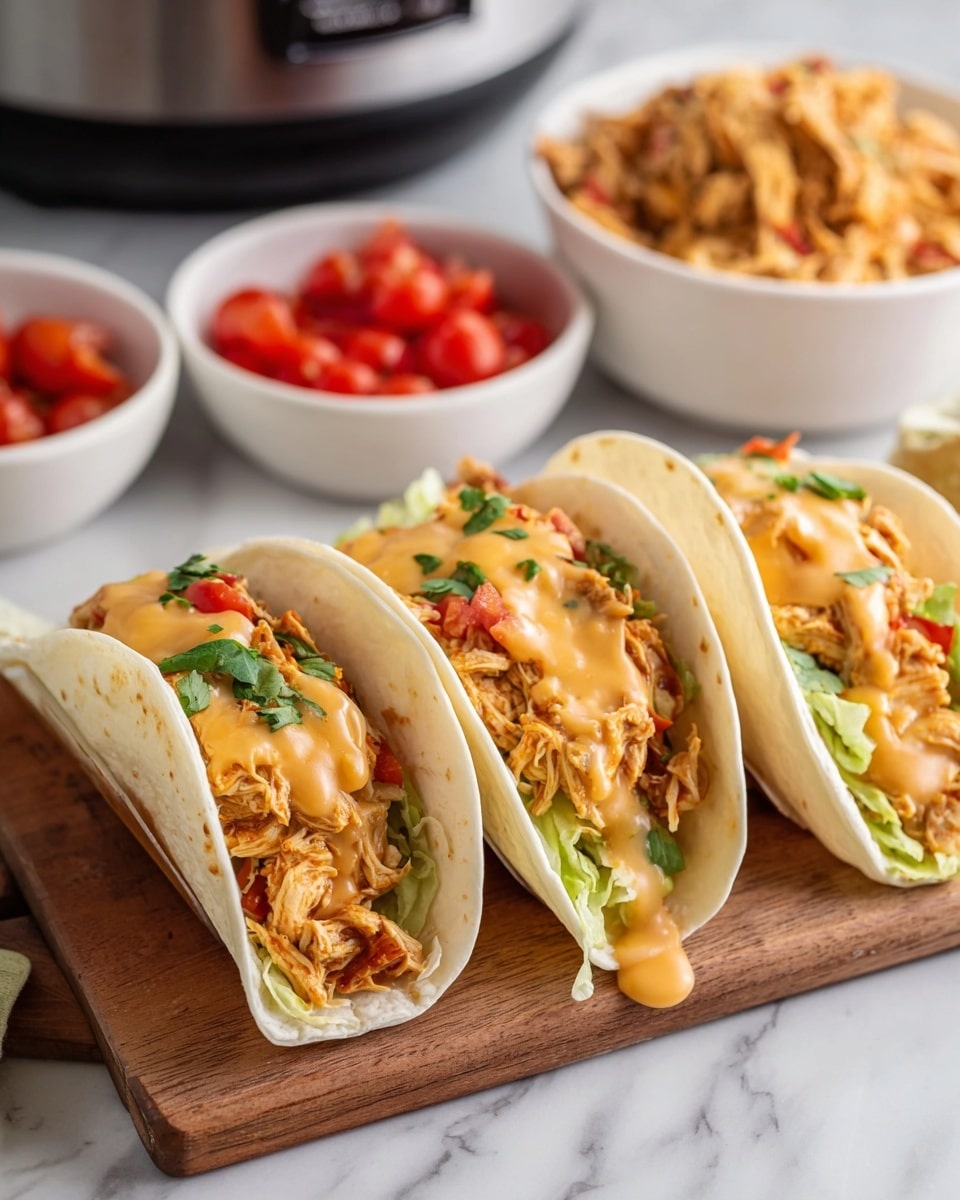 Three soft white tortillas stand upright side by side on a wooden tray, each filled with shredded orange chicken mixed with small red tomato pieces and green herb bits. The chicken filling is creamy and moist, with the one in the front taco topped with smooth, melted orange cheese sauce dripping slightly. There is shredded light green lettuce layered underneath the chicken inside each taco. In the background, white bowls hold more orange chicken and chopped red tomatoes, all set against a white marbled surface. Photo taken with an iphone --ar 4:5 --v 7