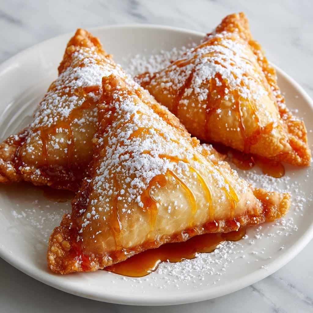 Three golden-brown fried pastries shaped like small pillows are placed on a white plate. Each pastry is dusted with white powdered sugar and drizzled with a thin layer of amber-colored syrup. The pastries have a slightly crisp and textured surface with some areas darker from frying. The plate rests on a white marbled surface that contrasts with the warm tones of the pastries. photo taken with an iphone --ar 4:5 --v 7