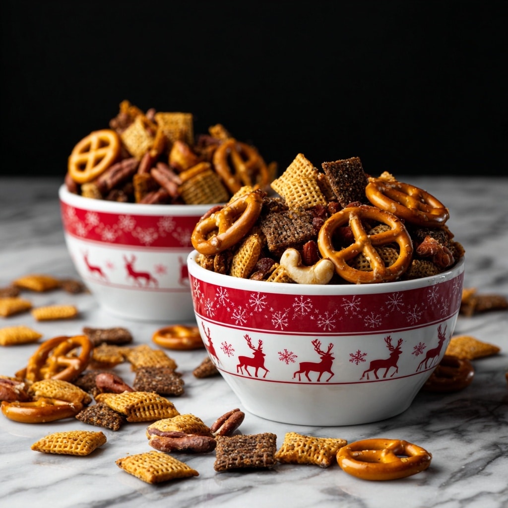 The image shows two white bowls with red festive patterns of reindeer and snowflakes, filled with a savory snack mix. The mix has three visible layers: the top layer with golden pretzels and light brown nuts, the middle layer with small orange curved crackers, and the bottom layer with darker brown square crackers tossed with seasoning. Loose pieces of the snack mix are scattered around the bowls on a white marbled surface. The background is dark, making the festive bowls and snack colors stand out. photo taken with an iphone --ar 4:5 --v 7
