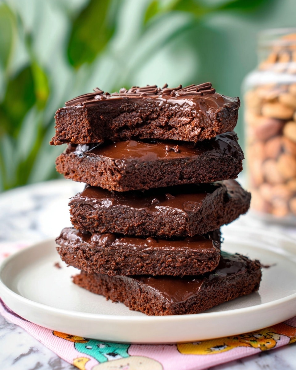 A stack of five square chocolate brownies sits on a white plate over a pastel cloth with colorful animal faces. The bottom four brownies are whole, dark brown with a smooth, glossy, slightly dripped chocolate layer on top, showing slight texture of the baked cake underneath on the edges. The top brownie is broken in half, revealing a dense, moist interior with a darker chocolate layer spread unevenly on top. The plate rests on a white marbled surface with a blurred green plant and a jar of nuts in the background. photo taken with an iphone --ar 4:5 --v 7