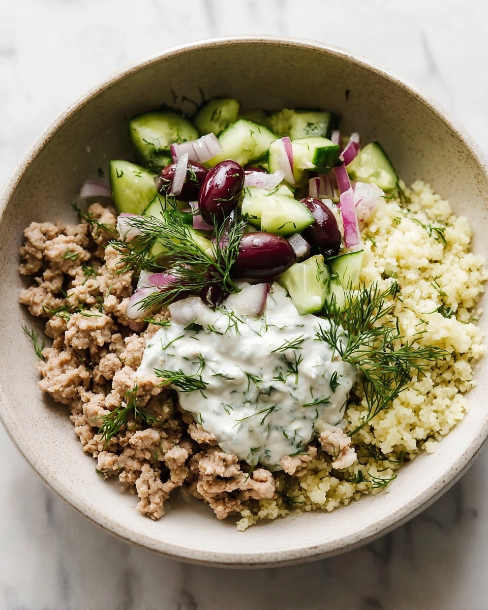 A white bowl contains a layered dish with three main sections: on the left is a pale yellow, crumbly grain that looks like cauliflower rice, filling about one-third of the bowl; the right side has a mixture of light brown cooked ground meat mixed with chopped green cucumber cubes, dark red sliced olives, and chopped red onion, topped with fresh green dill herbs; in the center and on top is a dollop of creamy white sauce with visible green herb flecks, adding a smooth texture contrast. A silver fork rests in the right side of the bowl, and the bowl sits on a white marbled surface with small dill leaves scattered around. Photo taken with an iphone --ar 4:5 --v 7