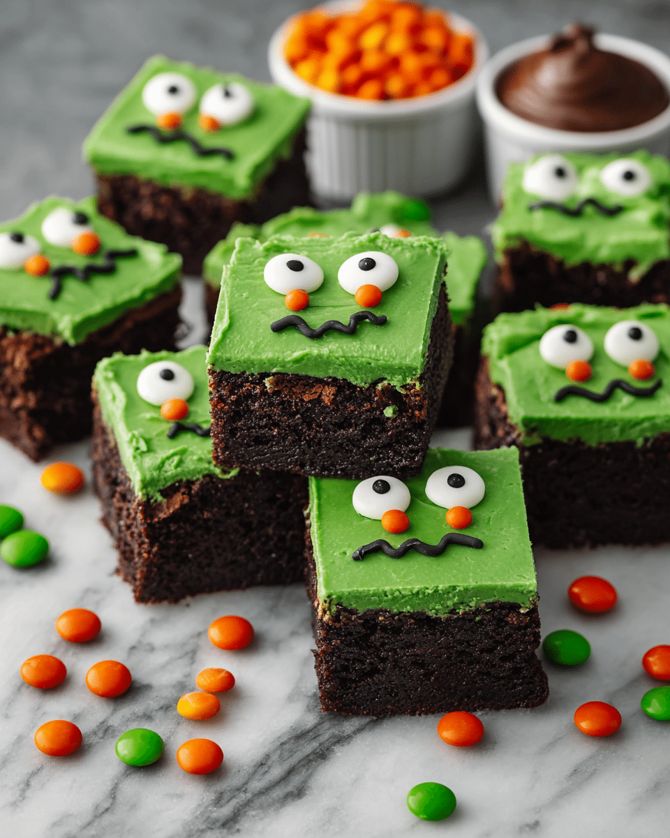 The image shows square chocolate brownies arranged in a small stack and scattered around on a white marbled surface. Each brownie has two thick layers: a dark brown, moist chocolate base, and a smooth green frosting layer on top. The green frosting features funny faces made using white candy eyes with dark pupils, small round candy noses in green or orange, and curved black lines for mouths and eyebrows drawn with chocolate or icing. Orange and green round candies are scattered around the brownies. In the background, there are small white cups filled with orange candies and dark chocolate frosting. photo taken with an iphone --ar 4:5 --v 7