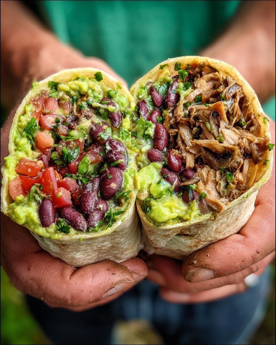 Two halves of a burrito held by a pair of hands show multiple layers inside a soft, light brown tortilla. The innermost layers include dark brown grilled mushrooms on the right, chunks of red tomato, bright green guacamole with a smooth texture, and dark red beans mixed with finely chopped green herbs scattered throughout. The layers have a mix of creamy, chunky, and soft textures, with colors ranging from green and red to brown and purple. The overall look is fresh and richly filled photo taken with an iphone --ar 4:5 --v 7