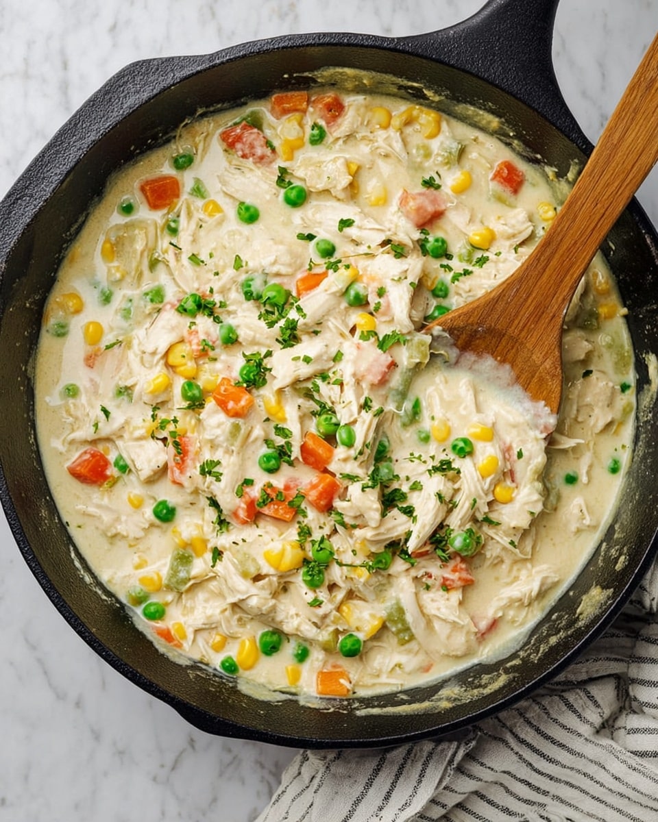A black cast iron pan filled with creamy white sauce mixed with shredded white chicken pieces, bright green peas, small yellow corn kernels, and diced orange carrots. The sauce has a smooth, thick texture with bits of chopped green herbs sprinkled on top. A wooden spoon is partially dipped into the mixture on the right side of the pan, stirring the colorful ingredients. The pan sits on a white marbled surface with a striped cloth nearby. photo taken with an iphone --ar 4:5 --v 7