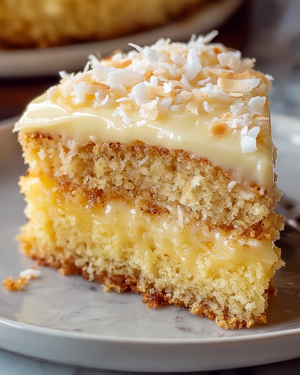 A close-up view of a two-layer yellow cake slice with a soft, moist crumb texture, each layer separated and topped by a thick, creamy white frosting. The top frosting layer is covered with toasted coconut flakes and small brown nut pieces, adding texture and color contrast. The cake slice sits on a white plate on a white marbled surface, and a silver fork is visible in the background. photo taken with an iphone --ar 4:5 --v 7