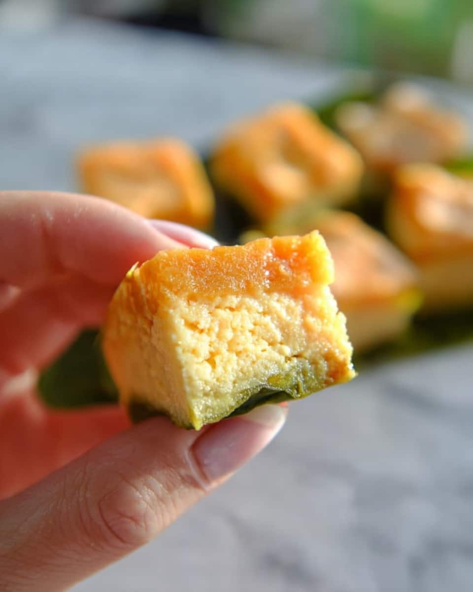 A close-up of a woman's hand holding a small square piece of food with three visible layers: a light golden brown top layer with a slightly crispy texture, a thick middle layer that is soft and spongy with a pale yellow-orange color, and a thin green bottom layer that looks like a leaf or wrap. In the blurred background, several pieces of the same food rest on a white marbled surface. photo taken with an iphone --ar 4:5 --v 7