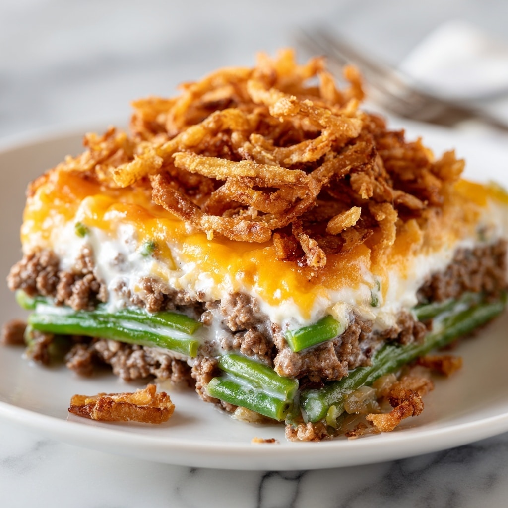 The dish is a layered casserole served on a white plate with a white marbled background. The bottom layer consists of cooked green beans, bright green and slightly shiny. Above this, a thick layer of browned ground meat mixed with creamy white sauce covers the beans, giving a soft and moist texture. On top of the meat and sauce mix, a layer of melted white cheese stretches over the edges. An orange-yellow layer of melted cheddar cheese covers the white cheese, dripping down slightly. The top layer is made up of crispy, golden brown fried onion strings, adding a crunchy texture to the dish. The layers are thick, well-defined, and the dish looks warm and inviting. photo taken with an iphone --ar 4:5 --v 7
