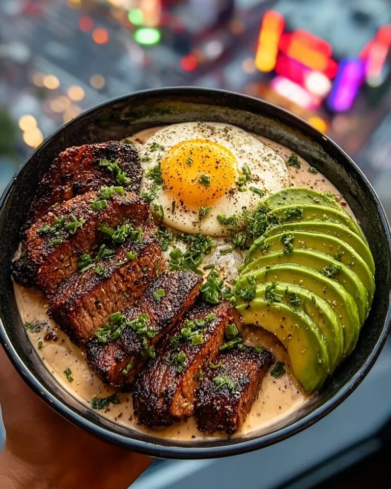 Grilled Steak Bowl with Avocado, Egg, Corn Salsa & Creamy Garlic Sauce Recipe
