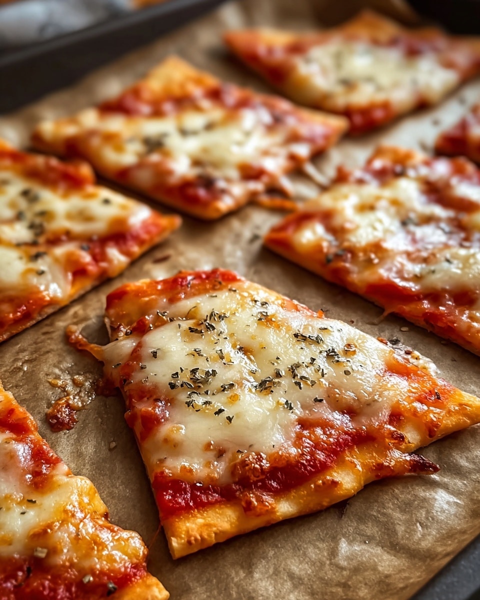 The image shows multiple thin, crispy triangular pizza slices arranged closely on a sheet of parchment paper. Each slice has a base layer of bright red tomato sauce, topped with melted, slightly browned cheese that has golden spots and a glossy, bubbly texture. There are small sprinkles of black seasoning scattered evenly over the cheese. The edges of the slices are thin and crisp, showing some slight browning, giving a crunchy look. The overall color palette is warm with orange, red, and white tones. The pizza pieces are laid out on a white marbled surface. photo taken with an iphone --ar 4:5 --v 7