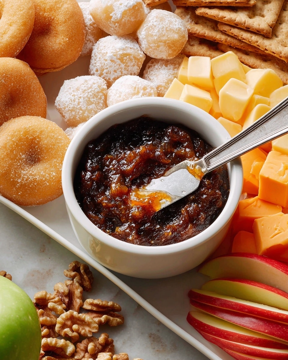 The image shows a small white bowl with two thin green lines near the top filled with chunky brown apple butter, and a silver butter knife resting on the bowl’s edge with some apple butter on the blade; the bowl is sitting on a red and white checkered napkin on a white marbled surface. To the right, there is a white plate holding a sandwich made with a soft, lightly browned bun, a layer of glossy reddish-brown apple butter, thin slices of smoked meat, and a slice of orange cheddar cheese. The plate also has several slices of red and green apple arranged next to the sandwich. Behind the bowl, there are two clear glasses with amber liquid. In the background, part of a green wooden box is visible. photo taken with an iphone --ar 4:5 --v 7
