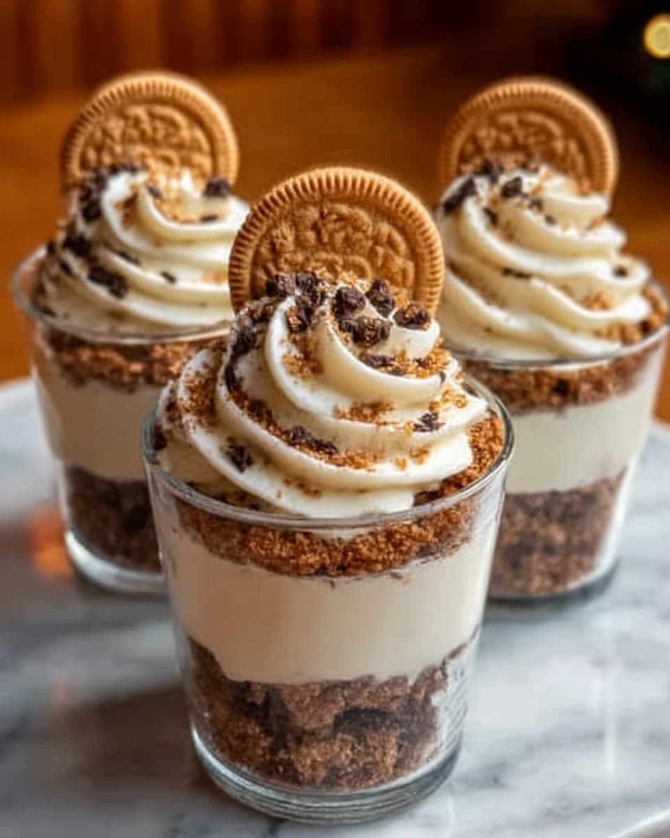 The image shows three clear plastic cups filled with a layered dessert placed on a shiny surface with a white marbled texture. Each cup has four visible layers: the bottom layer is crumbly and light brown, the next layer is creamy and off-white with a smooth texture, followed by another crumbly light brown layer, and topped with thick swirls of white whipped cream sprinkled with crushed crumbs. On top of the whipped cream in each cup, there is a round, detailed light brown cookie standing upright at the center. The lighting highlights the texture and color contrast between the cream and crumbs, creating an inviting look. photo taken with an iphone --ar 4:5 --v 7