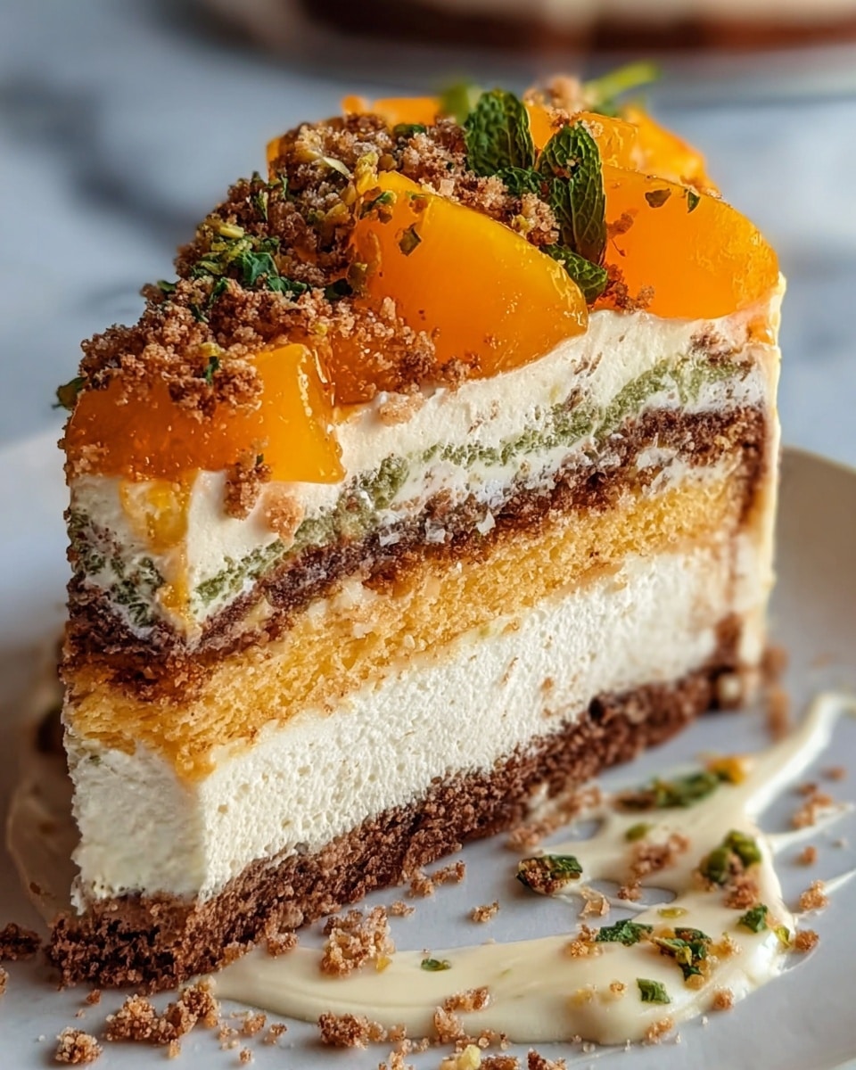 A close-up view of a layered cake slice showing five distinct layers: the bottom layer is a crumbly dark brown crust with a coarse texture, followed by a thick white creamy layer. Above it lies a dense golden cake layer, then another thick white cream layer with dark specks, and finally, a top layer of bright orange gelatin-like fruit pieces with visible small green leaves scattered on and around them. The top edge of the cake is covered with loose brown crumbs and small pieces of green leaves. The cake is placed on a white plate with drizzles of cream and brown crumbs around it, sitting on a white marbled surface. photo taken with an iphone --ar 4:5 --v 7