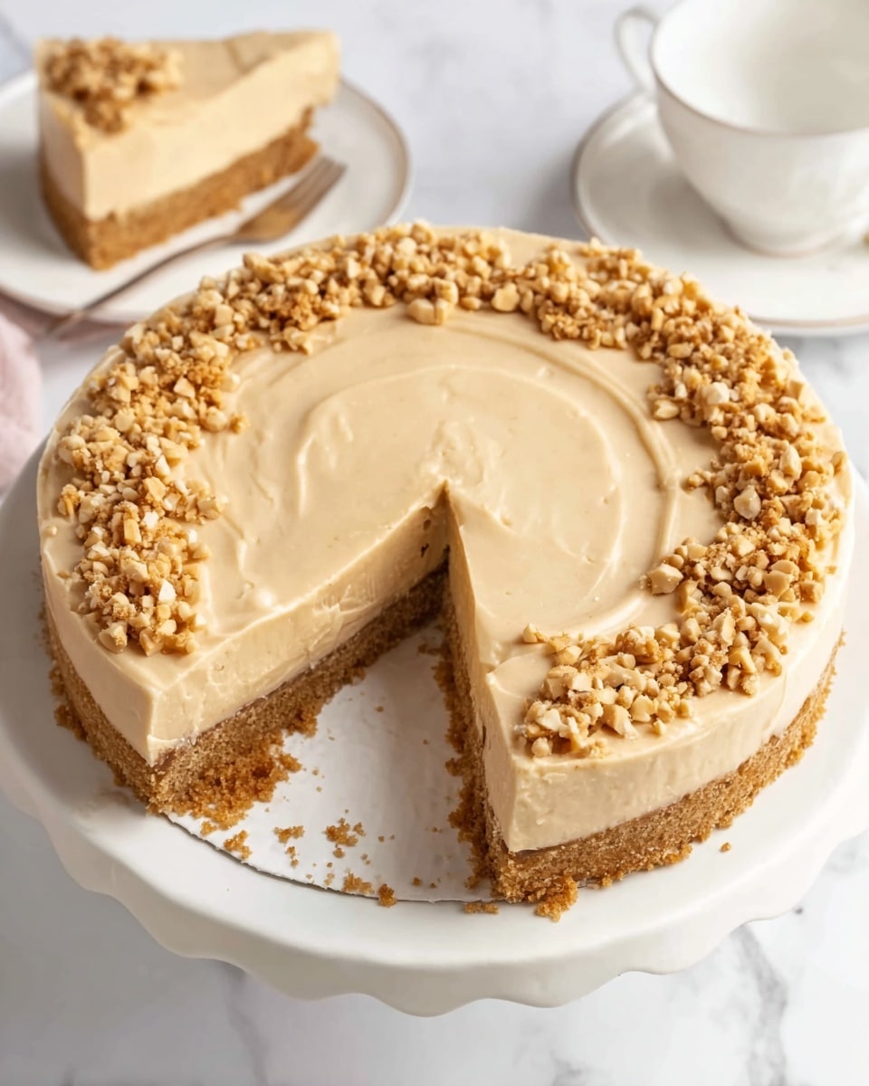 A slice of light brown creamy pie with a smooth texture sits on a white plate, topped with a small sprinkle of chopped light tan nuts on one side, showing its rough-textured, thick light brown crust along the edge and bottom. A silver fork lies next to the pie slice on the plate. In the upper left corner, the remaining pie with two slices missing is placed in a white scalloped pie dish with the same light brown creamy filling and crust, some crumbs scattered inside the dish. To the top right, there are two glass bottles filled with milk, one with a silver and white striped straw. Small chopped nuts are scattered around on the white marbled surface, along with a soft pink cloth partially visible at the lower left. A bowl filled with chopped nuts is also partially seen at the bottom left. photo taken with an iphone --ar 4:5 --v 7
