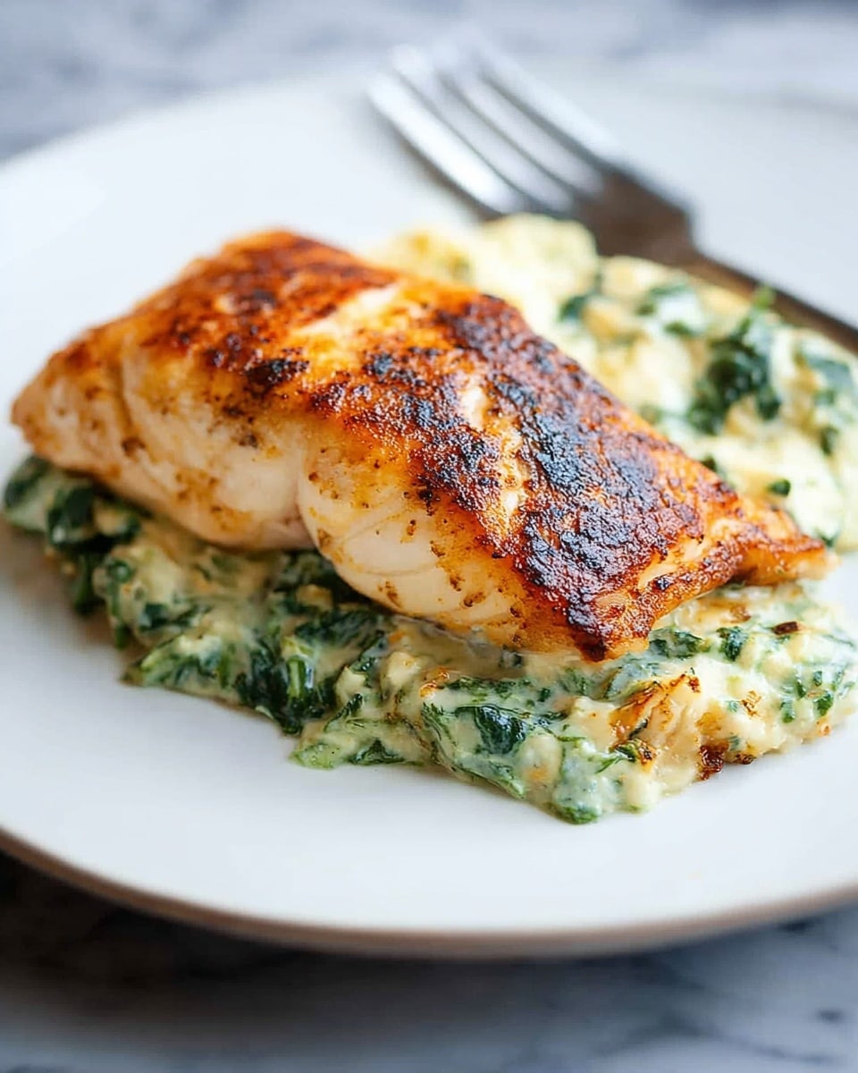 A white plate with a piece of cooked fish fillet on top, the fish has a golden brown crust with some darker charred spots, showing a slightly crispy texture. Under the fish layer is a creamy mix with visible green leafy pieces, giving it a soft and chunky look. The creamy layer is spread unevenly, peeking out from under the fish. The plate sits on a white marbled surface with a fork visible in the background. photo taken with an iphone --ar 4:5 --v 7