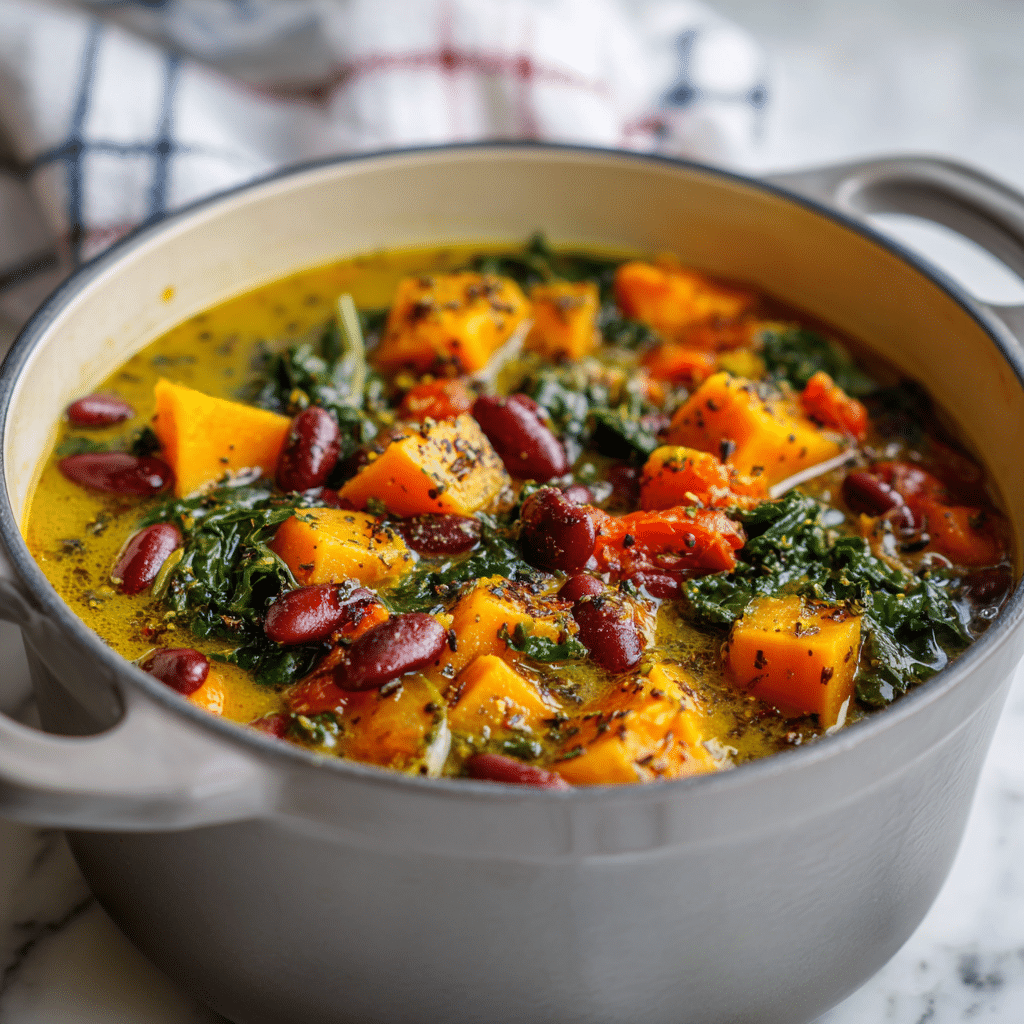 A close-up view of a thick stew inside a grey pot with two handles placed on a white marbled surface, showing chunky orange and yellow cubes of squash or sweet potato mixed with red kidney beans, wilted dark green leafy vegetables, and small red tomatoes, all simmered in a slightly thick golden-yellow broth with visible black pepper and herb sprinkles on top; in the background, a white cloth with blue and red checkered patterns is partially visible. photo taken with an iphone --ar 4:5 --v 7