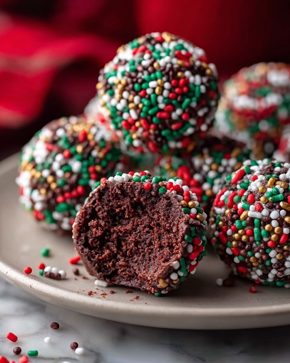 A close-up view of several chocolate truffle balls arranged on a white plate, each ball fully covered with colorful sprinkles in red, green, white, brown, and gold. The truffle in front is bitten to show the rich, dense, dark brown chocolate interior with a slightly rough texture. Some loose sprinkles lie scattered on the plate around the truffles. The background has a soft blur with a red hue, and the surface below the plate shows a white marbled texture. photo taken with an iphone --ar 4:5 --v 7
