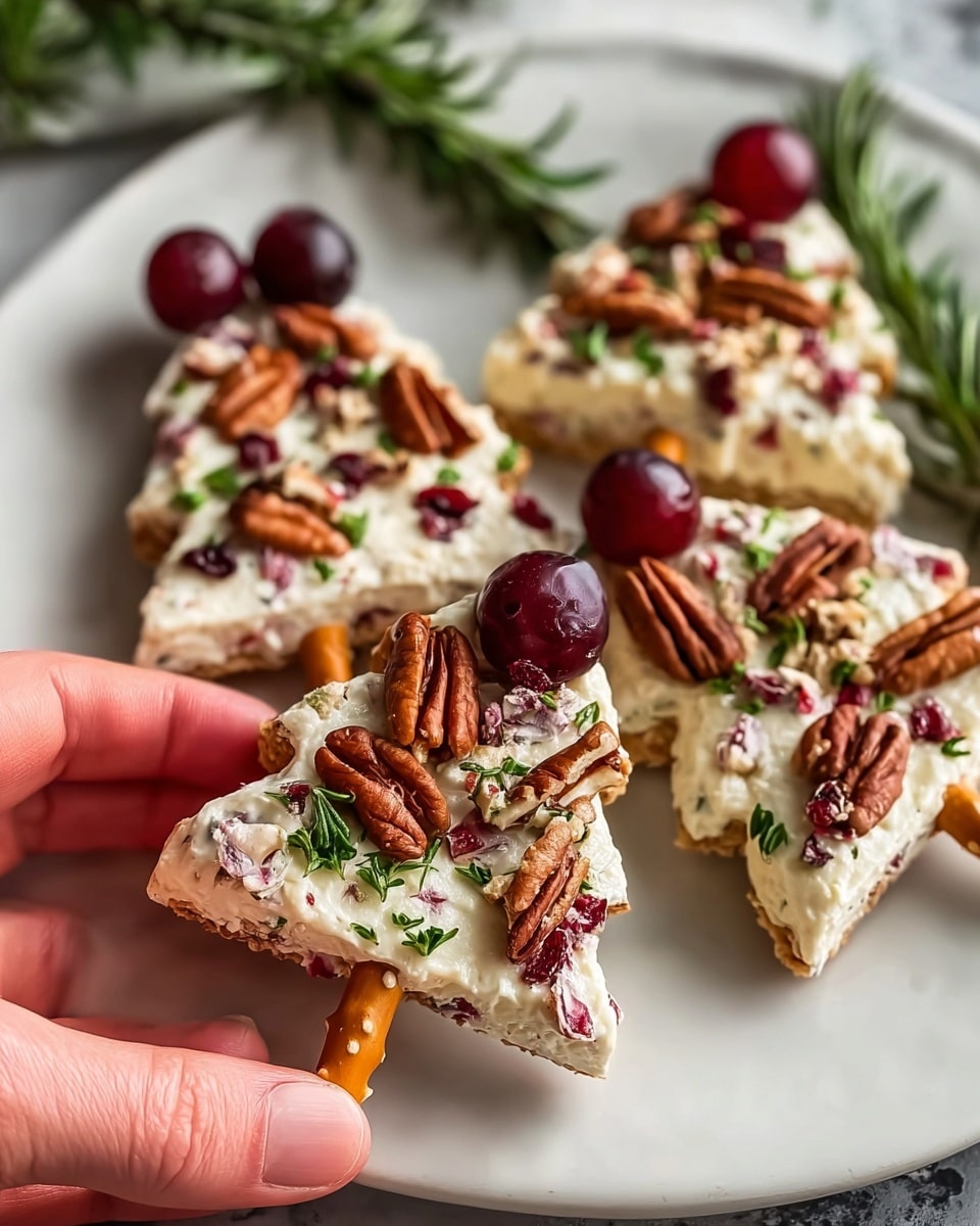 A white plate holds several triangle-shaped crackers made from brown pretzels at the base, topped with a thick layer of white cream cheese mixed with finely chopped green herbs. The cream cheese layer is garnished with pieces of chopped nuts, bright green parsley, small dark red dried cranberries, and a small sprig of rosemary on each cracker. A woman's hand is picking up one of the crackers, showing its textured layers clearly, all set against a white marbled surface. photo taken with an iphone --ar 4:5 --v 7
