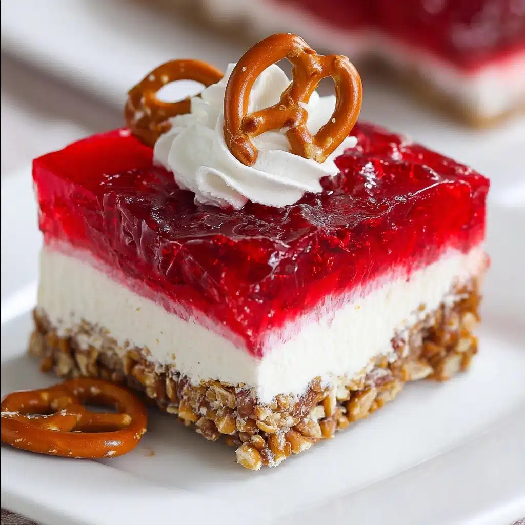 A three-layer dessert square on a white plate sits on a white marbled surface. The bottom layer is crunchy and nutty with a light brown color and visible oats or granola pieces. The middle layer is thick and creamy, white with small bits of red distributed throughout. The top layer is a smooth, glossy deep red jelly. On top of the jelly layer, there is a small dollop of white creamy topping, and a shiny, brown pretzel placed partly on the cream. Another pretzel leans against the side of the dessert on the plate. A silver fork lies on the plate beside the dessert. The background shows another white plate with a similar dessert, slightly blurred. photo taken with an iphone --ar 4:5 --v 7