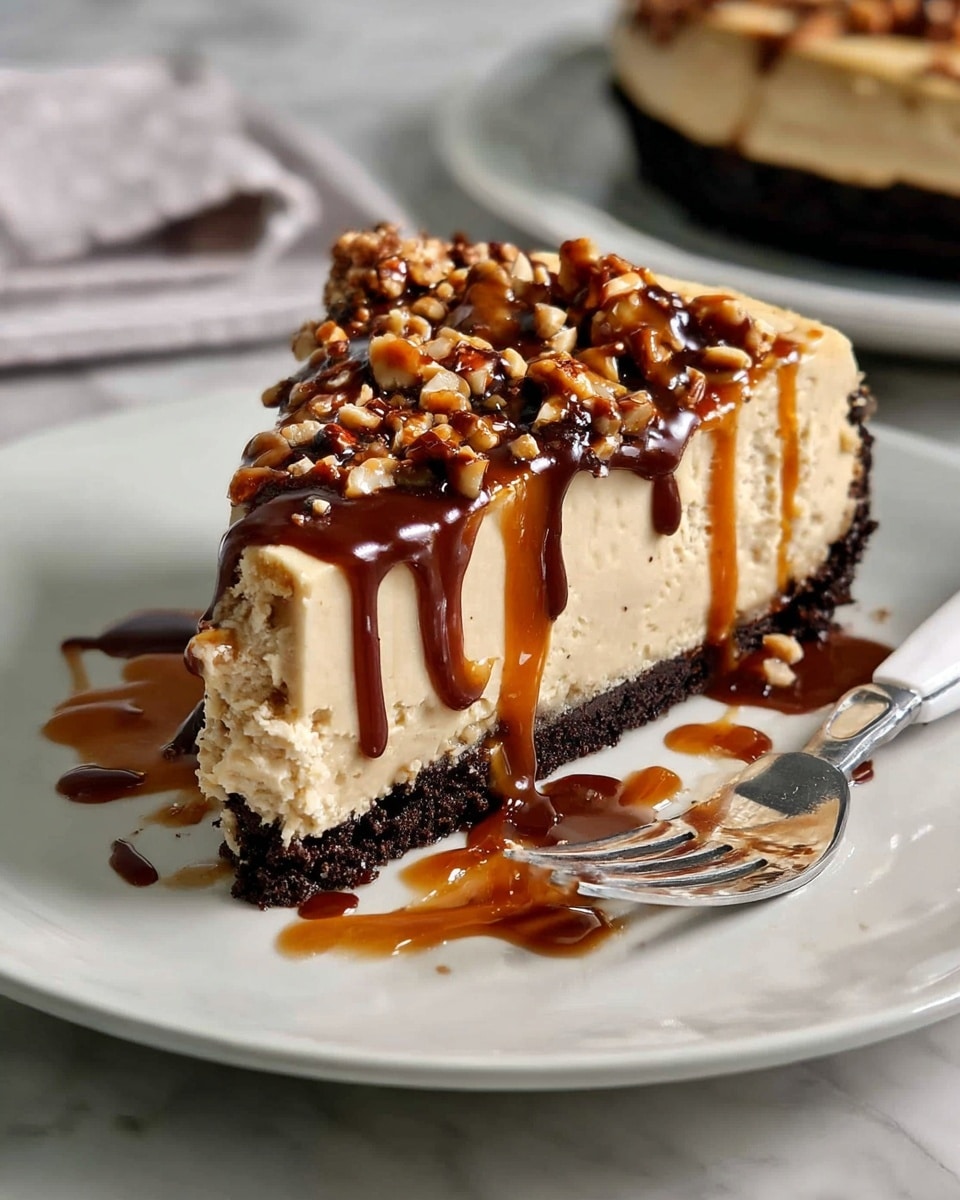 A slice of creamy beige cheesecake with a dark crumbly chocolate crust sits on a white plate, topped with chopped nuts and drizzled with thick caramel and chocolate sauces dripping down the sides and pooling on the plate below. A fork with a white handle rests beside the slice on the right, and the scene is set on a white marbled surface with a blurred second plate in the background. photo taken with an iphone --ar 4:5 --v 7