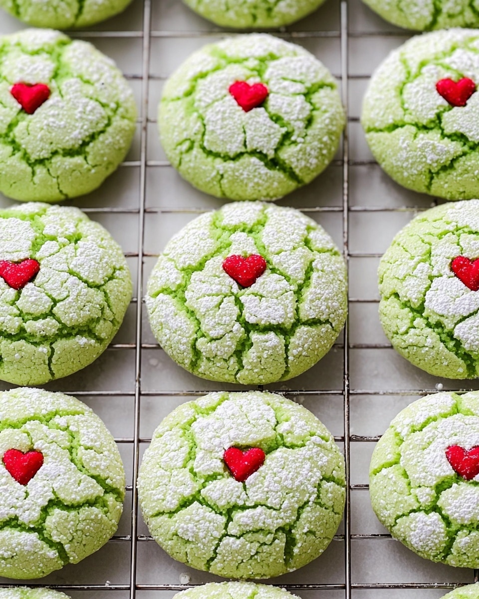 A white plate filled with round green cookies that have a cracked texture on top, each dusted lightly with white powdered sugar. Each cookie is decorated with a small red heart-shaped candy placed slightly off-center on the top surface. The cookies are stacked close together, filling the plate completely. The background is a white marbled texture. photo taken with an iphone --ar 4:5 --v 7
