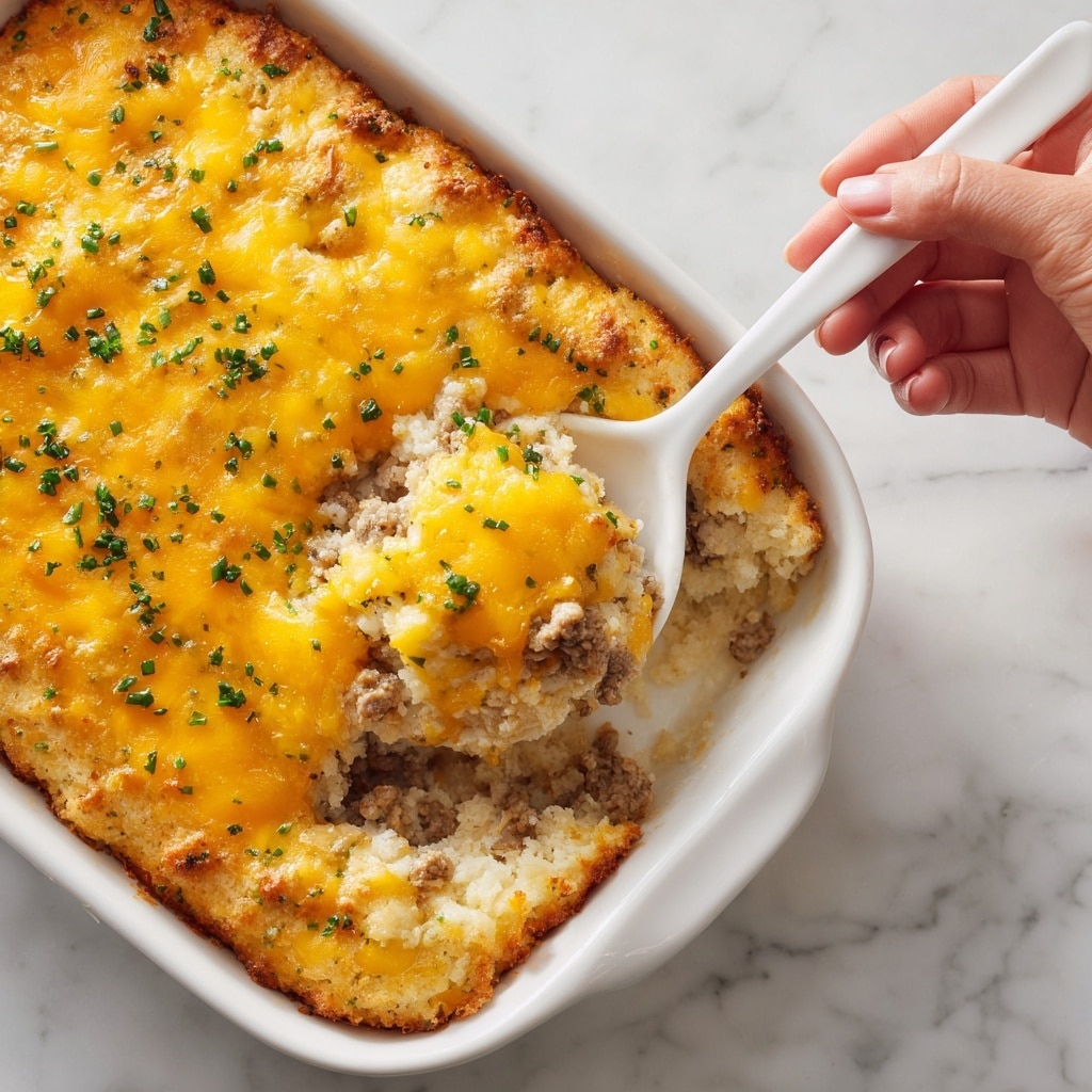 The image shows a close-up view of a cowboy biscuit casserole with two visible layers in a white dish. The bottom layer is light beige with a crumbly and creamy texture, likely made from biscuits and a creamy sauce mixed with ground meat. The top layer is covered with melted golden-yellow cheddar cheese, sprinkled with small green herb flakes, giving it a slightly glossy surface. A woman's hand holds a white spoon scooping a portion of the casserole, lifting the cheesy top layer and revealing the creamy biscuit and meat mix beneath. The background is a white marbled texture. Photo taken with an iphone --ar 4:5 --v 7