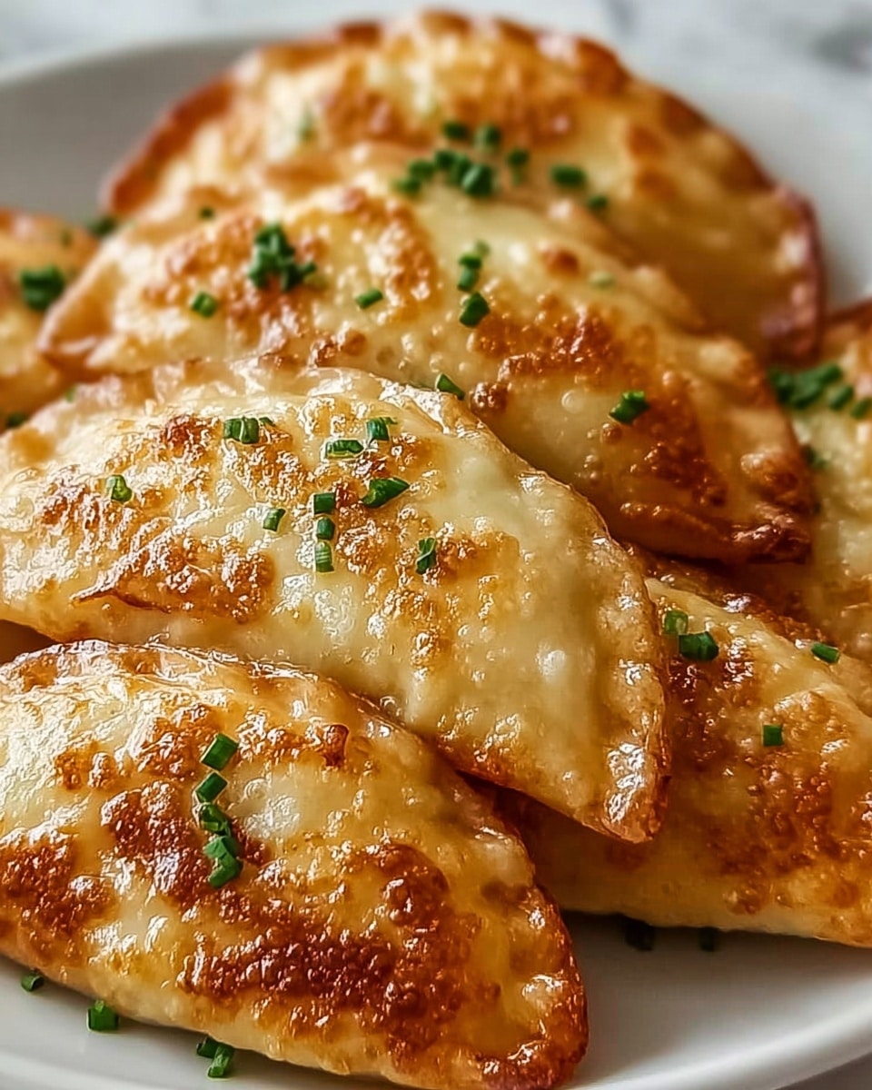 The image shows a close-up of several golden-brown baked dumplings with a shiny, slightly crisp outer layer. Each dumpling is half-moon shaped with a textured, slightly bubbly surface, sprinkled with small pieces of green herbs on top. The dumplings are stacked closely together on a white plate, sitting on a white marbled surface. The warm colors highlight the rich baked texture and fresh herb garnishes, creating an inviting and appetizing look. Photo taken with an iphone --ar 4:5 --v 7
