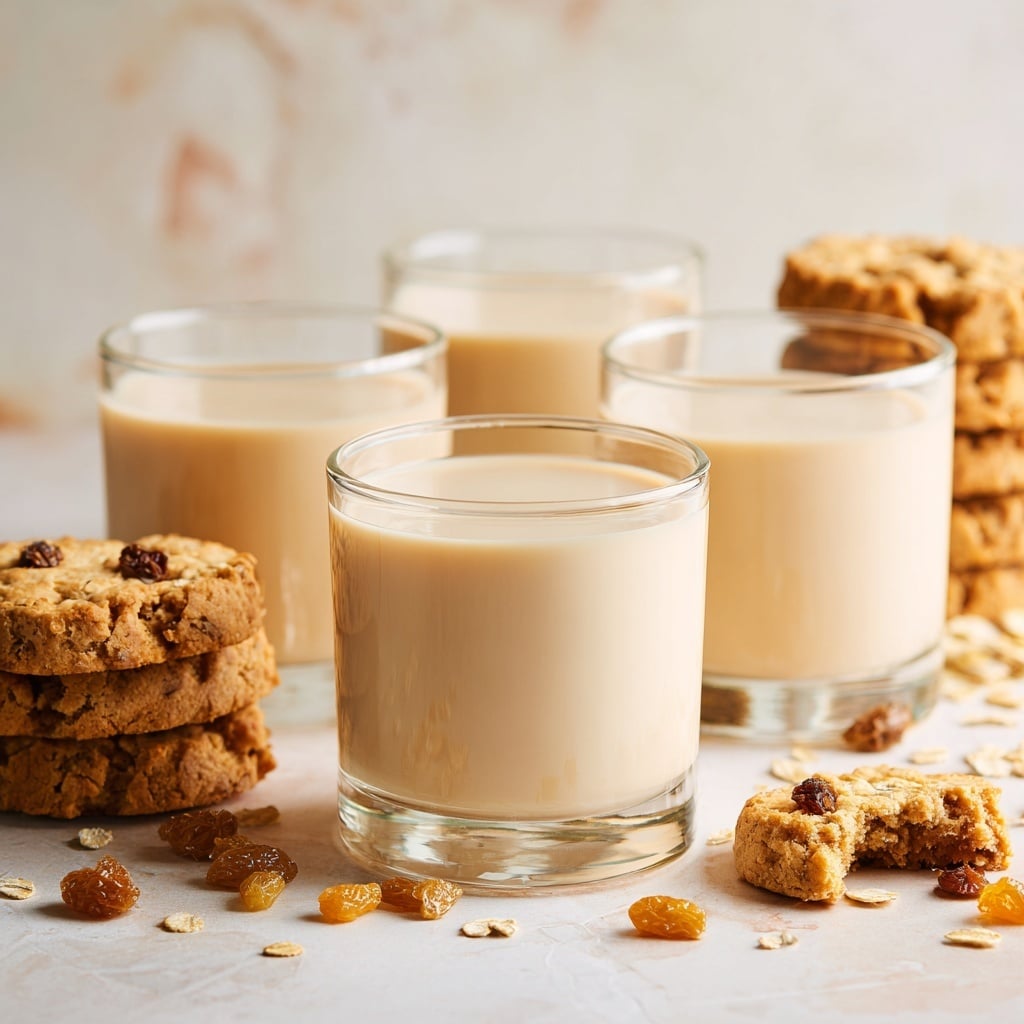 The image shows four clear glass cups filled with a smooth, light beige creamy liquid, arranged in a loose square on a white marbled surface. The glasses are short, with thick bottoms and gently tapered sides. Scattered around the glasses are small pieces of dried raisins and oats, adding texture to the scene. In the background, there are stacks of golden brown oatmeal cookies with visible raisins, some whole and some partially broken, giving a cozy, homemade feel. The overall look is warm and inviting, with soft natural light enhancing the beige and brown tones. Photo taken with an iphone --ar 4:5 --v 7