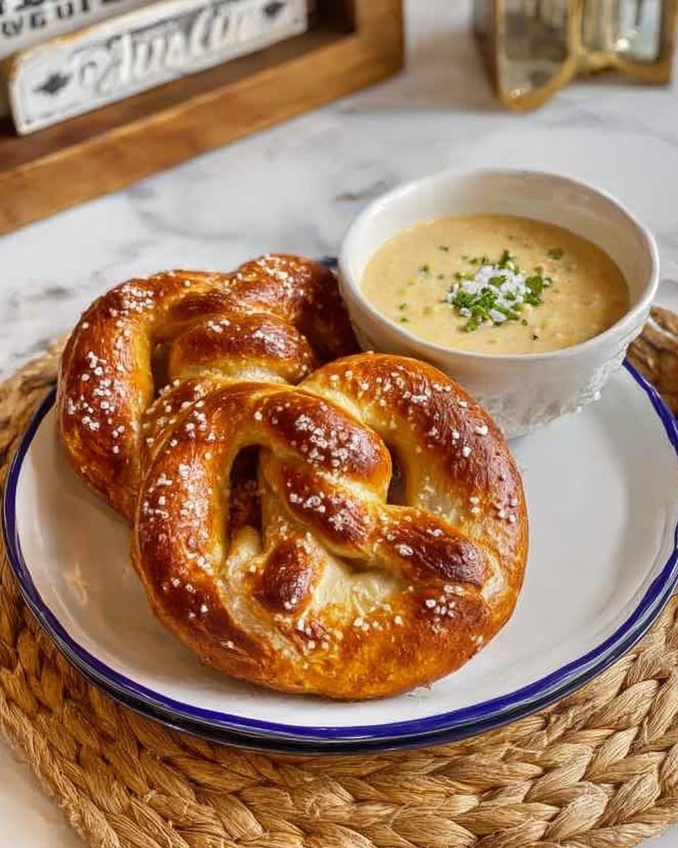 Two soft, golden brown pretzels with a shiny, slightly darker crust on top sprinkled with coarse salt sit on a white plate with a thin blue rim. Next to them, there is a white bowl filled with creamy yellow cheese sauce, garnished with small green herbs and shredded white cheese. Both the plate and bowl are placed on a round woven mat set on a white marbled surface with a framed sign in the background. Photo taken with an iphone --ar 4:5 --v 7