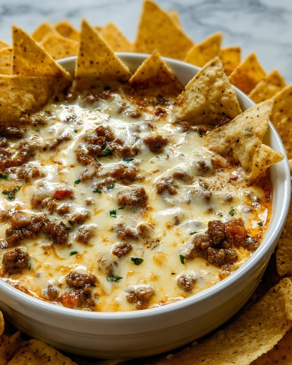 A white bowl filled with a creamy warm dip topped with melted cheese and browned ground beef pieces spread evenly on the surface. Tortilla chips are placed standing upright around the edge of the bowl, showing their light golden color with some seasoning specks. The melted cheese has a smooth, glossy texture with some slightly browned spots. The dip beneath is thick and richly textured, visible around the cheese and beef. The bowl rests on a white marbled surface. Photo taken with an iphone --ar 4:5 --v 7