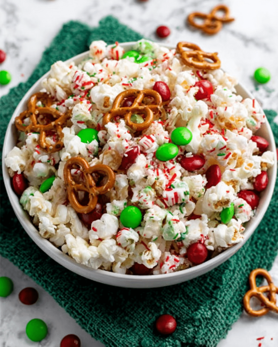 A white bowl filled with a snack mix layered mainly with white popcorn, bright red and green round candy pieces scattered throughout, and several medium brown pretzels placed on top. Tiny bits of red and white candy sprinkles are sprinkled over the popcorn, giving a festive look. The bowl sits on a green textured cloth over a white marbled surface. Photo taken with an iphone --ar 4:5 --v 7