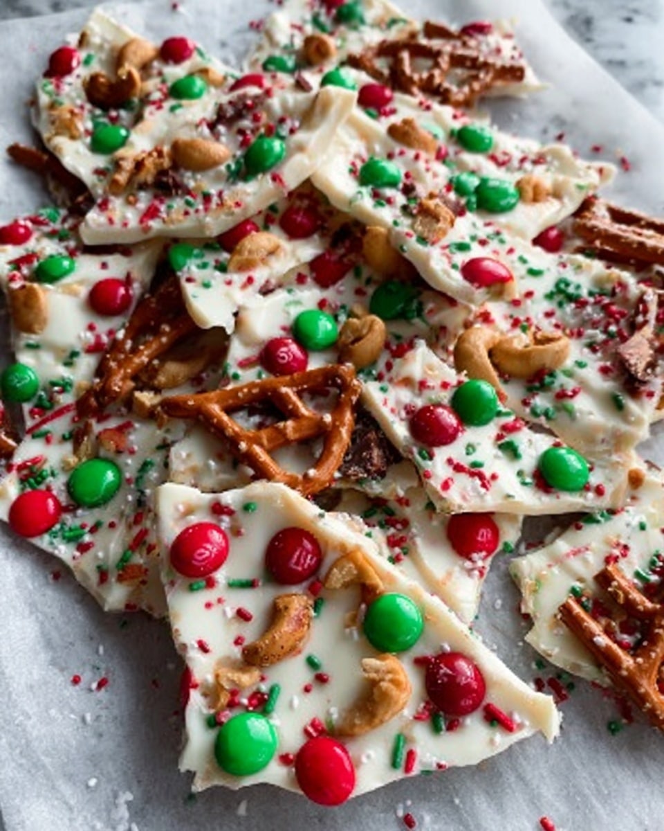 The image shows a white tray filled with broken pieces of festive bark candy layered with melted white chocolate covered in colorful small round red and green candies, and sprinkled with red, green, and white tiny candy bits. In the visible gaps between candy pieces, there are crunchy pretzels with a few salted cashew nuts scattered on top. The bark pieces are irregular with rough, jagged edges on a white marbled surface. The scene has a warm and bright holiday vibe. Photo taken with an iphone --ar 4:5 --v 7