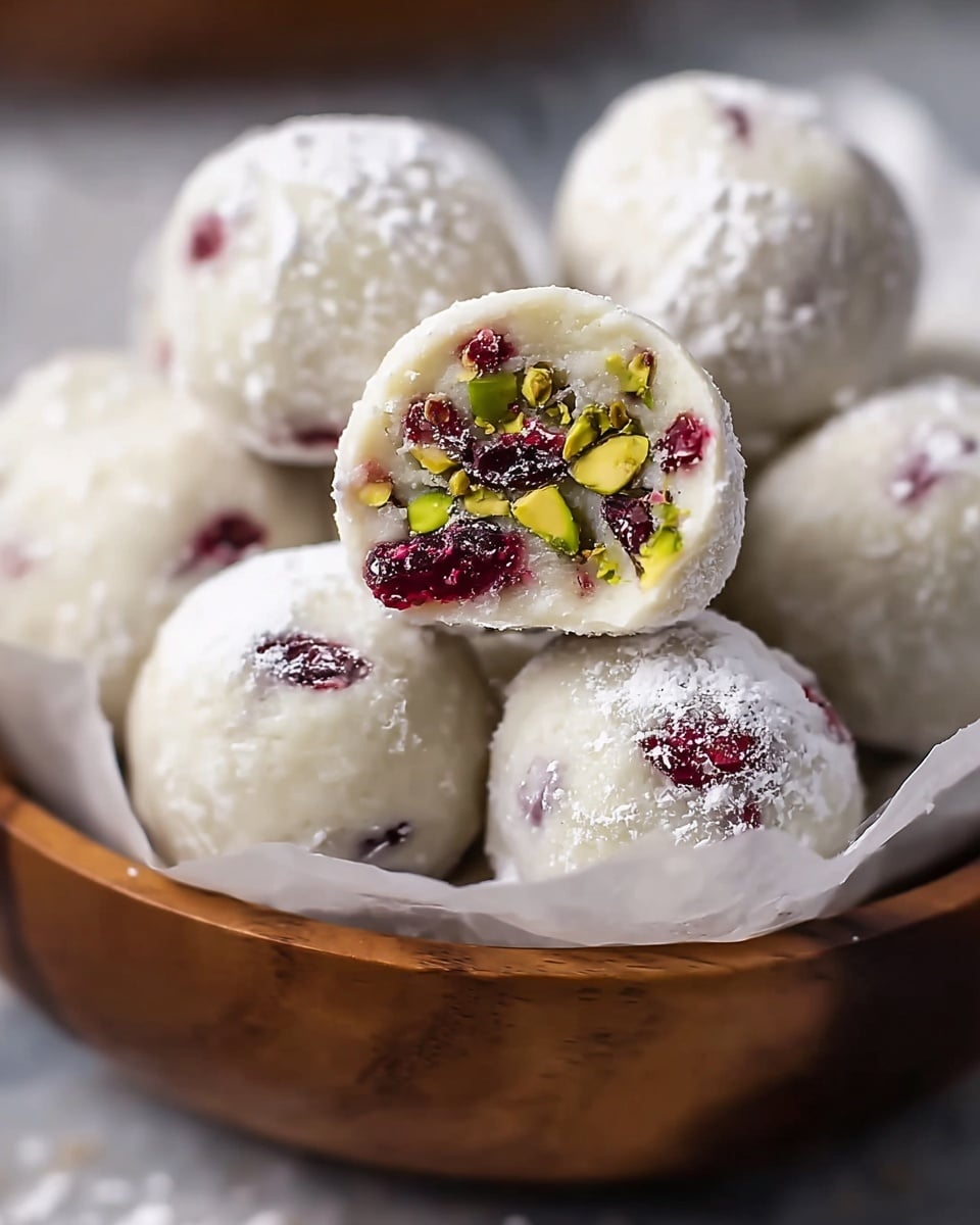 A wooden bowl lined with white parchment paper holds several round white balls coated in fine white powdered sugar. One ball is cut in half and balanced on top, showing three distinct layers inside: a smooth outer white layer, a middle layer filled with bright green pistachio pieces, deep red dried cranberries, and some dark dried fruit pieces, all mixed in a creamy light base. The balls have a soft, slightly rough texture on the outside with powder dusted unevenly over them, set against a white marbled background. photo taken with an iphone --ar 4:5 --v 7