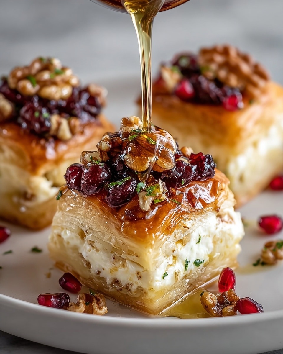 Three layered puff pastries are shown on a white plate with a white marbled texture under it. Each pastry has a golden-brown, crispy top layer with a glossy shine. The middle layer is filled with creamy white cheese, soft and smooth, visible from the sides. The bottom layer is flaky and light brown, matching the top. The pastries are topped with chopped walnuts and dark red dried cranberries, some pieces scattered around the plate with small bits of green herbs. A golden syrup is being poured over the closest pastry, making it look shiny and sticky. Photo taken with an iphone --ar 4:5 --v 7