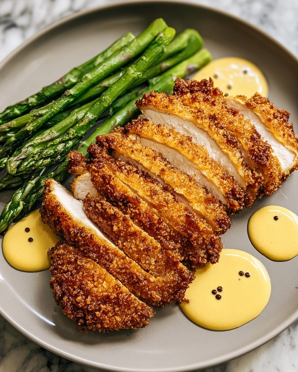 On a white plate, there are six pieces of crispy fried chicken with a textured, golden-brown crust showing a mix of small seeds and crunchy bits. Three of these pieces are sliced to reveal the white, juicy chicken inside. Next to the chicken is a small white bowl filled with a creamy yellow mustard sauce with visible black and brown mustard seeds. A small pool of this sauce is spread under the sliced chicken. To the right side of the plate, there are several grilled green asparagus spears with slight charring and glossy skin. The whole setup sits on a white marbled surface. photo taken with an iphone --ar 4:5 --v 7