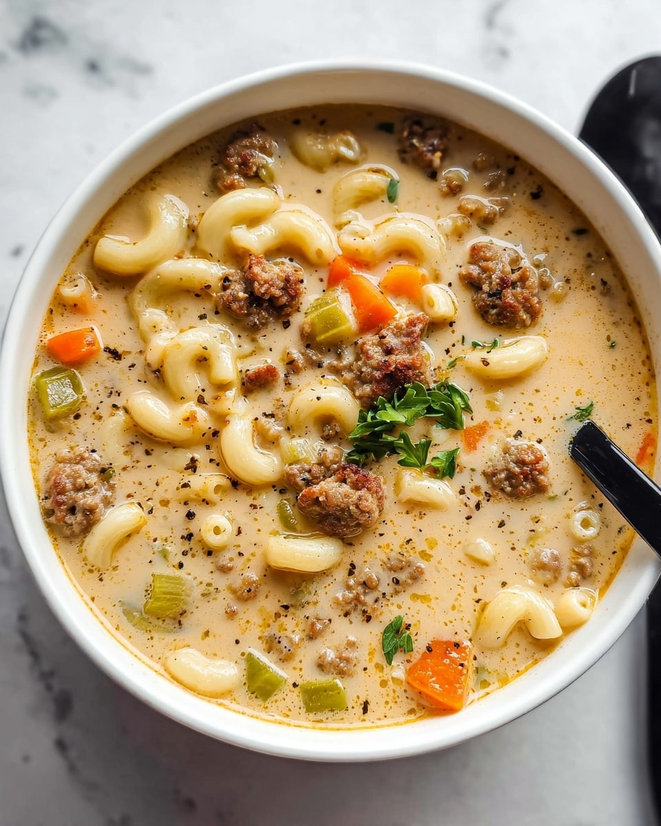 A white bowl filled with a creamy soup showing three main layers: the first is a thick, light beige broth with a smooth texture, the second has small elbow macaroni pasta pieces that are pale yellow and curved, along with small orange carrot slices and green celery chunks spread evenly throughout, and the third layer features browned sausage meatballs in small crumbled pieces scattered on top. There are some small black pepper specks and a few green parsley leaves resting on the surface, with a black spoon partially visible on the right side. The bowl sits on a white marbled surface. Photo taken with an iphone --ar 4:5 --v 7