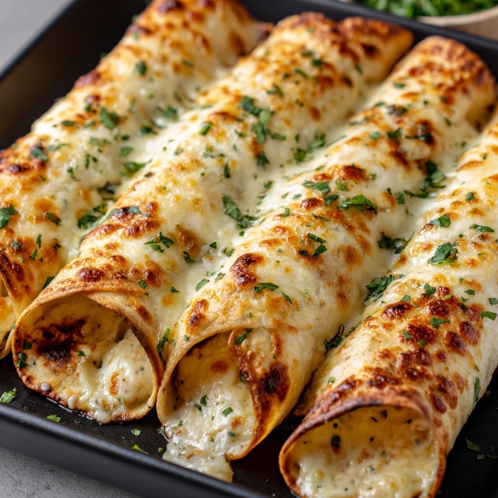 A close-up view of six rolled enchiladas placed side by side on a white plate, each enchilada filled with creamy melted cheese mixed with shredded meat, covered with a golden-brown crispy tortilla layer. The top is generously layered with melted white and light orange cheese, finished with small pieces of chopped green herbs sprinkled evenly across the surface. The edges of the enchiladas have a slight crisp texture and a light toasted appearance, all resting on a white marbled surface. photo taken with an iphone --ar 4:5 --v 7