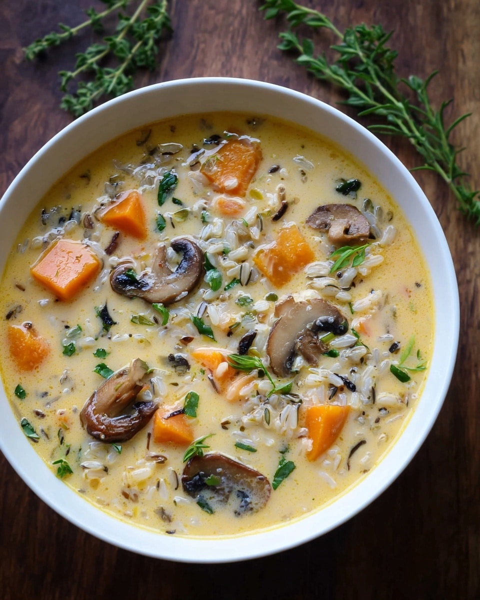 A white bowl filled with creamy soup with visible layers of ingredients; large orange chunks of carrot and brown mushroom slices float in the pale yellow, smooth broth, mixed with grainy rice and small green herb sprigs scattered on top and throughout the soup. The bowl is set on a dark wooden surface with green herb sprigs nearby for decoration. Photo taken with an iphone --ar 4:5 --v 7