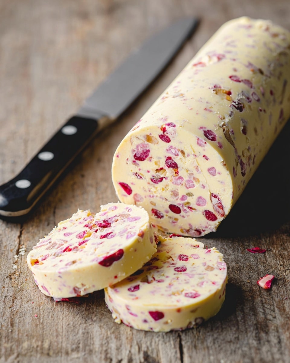 A close-up view of a stack of five round shortbread cookies, each about one layer thick. The cookies have a pale cream color with scattered small red bits mixed throughout, suggesting pieces of cranberry or a similar fruit, giving a slightly textured look. The edges of the cookies are slightly crumbly and light golden brown. The stack is placed on a cooling rack, and a few whole red cranberries lie near the base of the stack. The background is a clean white marbled texture. photo taken with an iphone --ar 4:5 --v 7