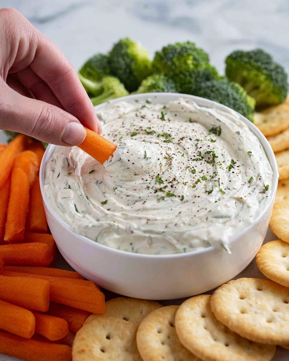 A white bowl filled with thick, creamy ranch dip speckled with green herbs and black pepper, resting on a white marbled surface. Around the bowl are bright orange baby carrots, fresh green broccoli florets, and round golden crackers neatly arranged. A woman's hand is dipping a baby carrot into the rich, textured dip, causing a slight swirl on the surface. The scene is colorful and fresh with a clean, bright look. photo taken with an iphone --ar 4:5 --v 7
