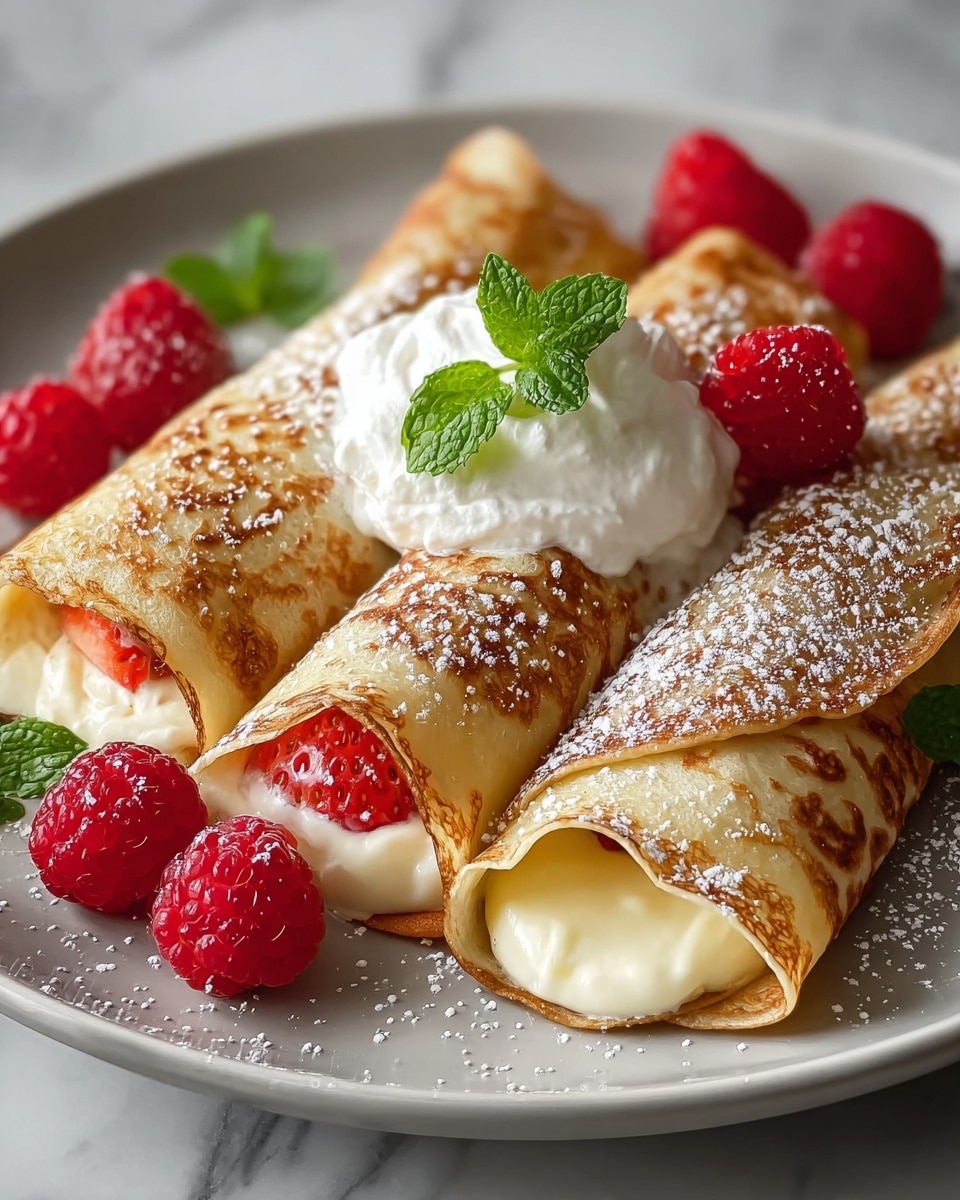 Three rolled crepes with a light golden-brown texture are placed side by side on a white plate, each filled with creamy white filling that peeks out slightly from the ends. The crepes are dusted with powdered sugar, giving a soft white speckled look on top. On the middle crepe, there is a dollop of smooth white whipped cream, garnished with a fresh green mint leaf. Around the crepes, bright red strawberries and raspberries add vibrant color, with some small mint leaves scattered for extra green contrast. The plate rests on a white marbled surface. photo taken with an iphone --ar 4:5 --v 7