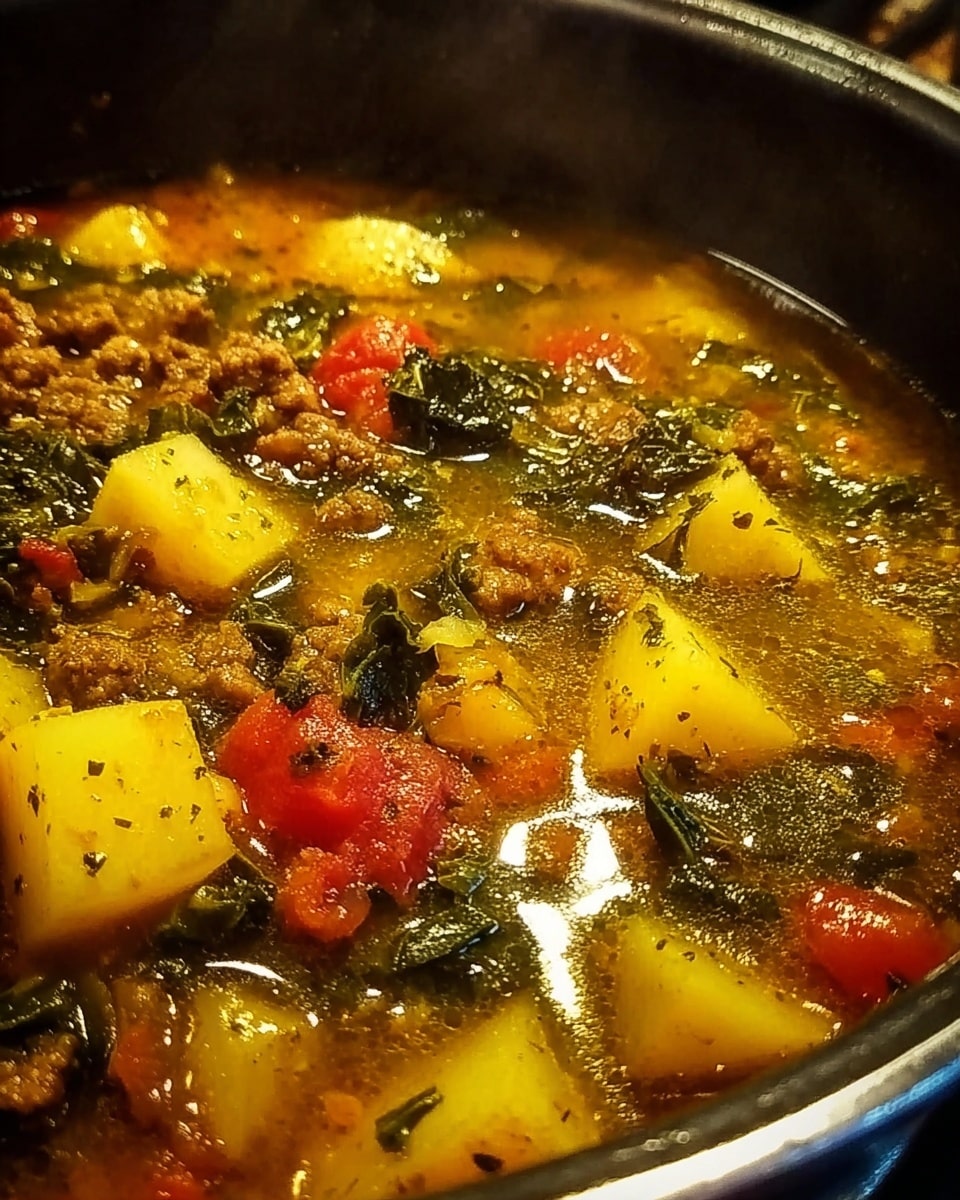 A close-up of a stew in a dark pot featuring chunks of yellow potatoes, pieces of red tomatoes, small bits of browned ground meat, and dark green leafy vegetables all mixed in a golden-brown broth with visible herbs and spices, creating a rich texture with soft and tender ingredients evenly distributed throughout. Photo taken with an iphone --ar 4:5 --v 7