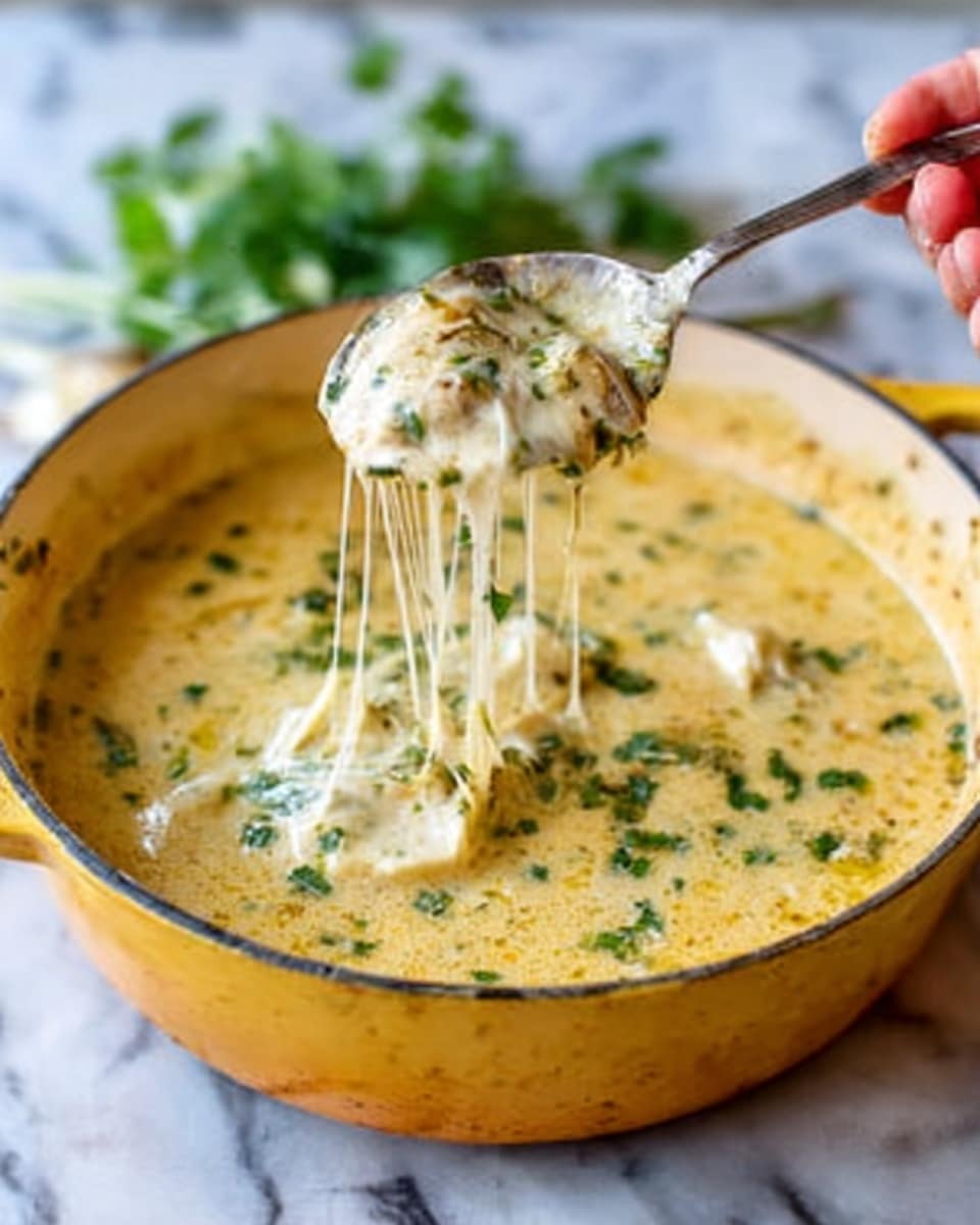 The image shows a yellow pot filled with a creamy, light yellow soup with melted cheese stretching as a silver spoon lifts it out. The soup is thick, with small bits of green herbs sprinkled on the surface, adding a fresh touch. The pot sits on a white marbled surface, and fresh green herbs and garlic can be seen blurred in the background, suggesting fresh ingredients. The texture of the soup looks smooth with melted cheese strings and herbs on top, giving a rich and comforting feel. Photo taken with an iphone --ar 4:5 --v 7