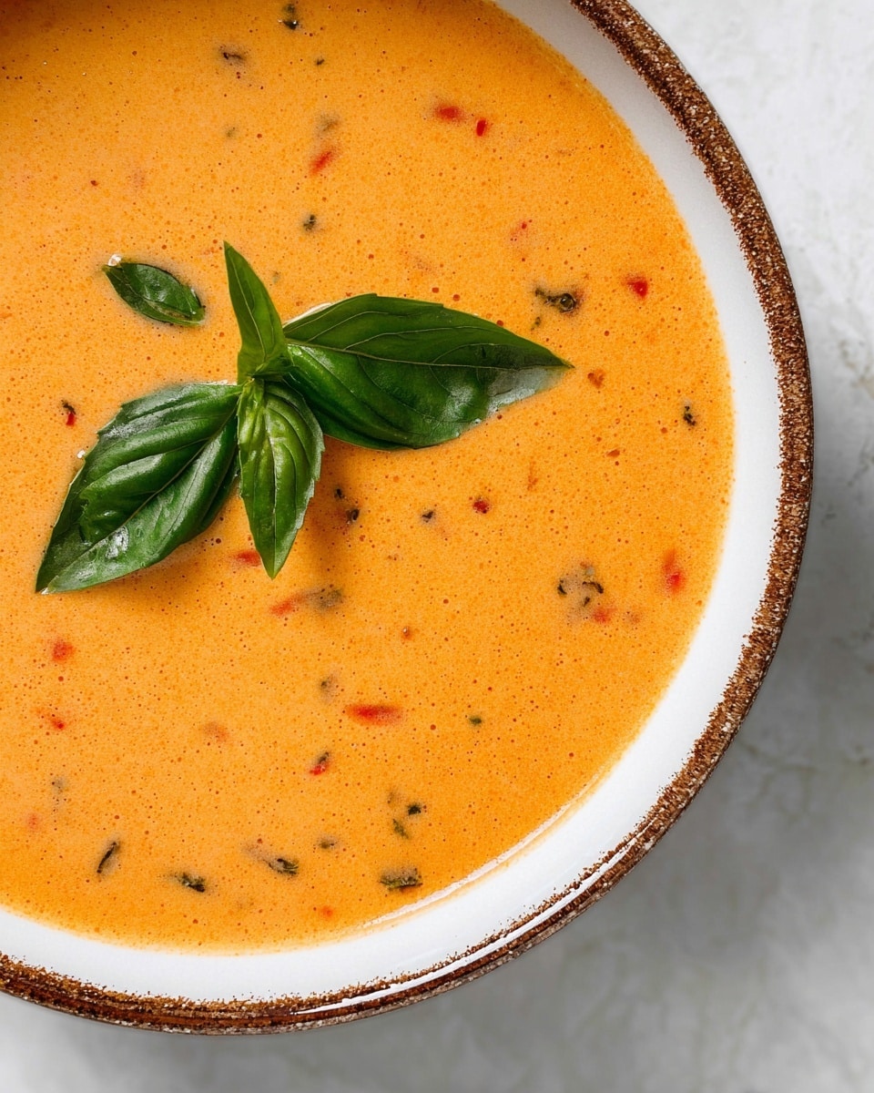 A close-up view of a bowl of creamy orange soup with small bits of ingredients scattered throughout, giving it a slightly textured look. The soup has two green basil leaves placed on top near the center. The bowl is white with a rustic brown speckled rim, sitting on a white marbled surface. Photo taken with an iphone --ar 4:5 --v 7