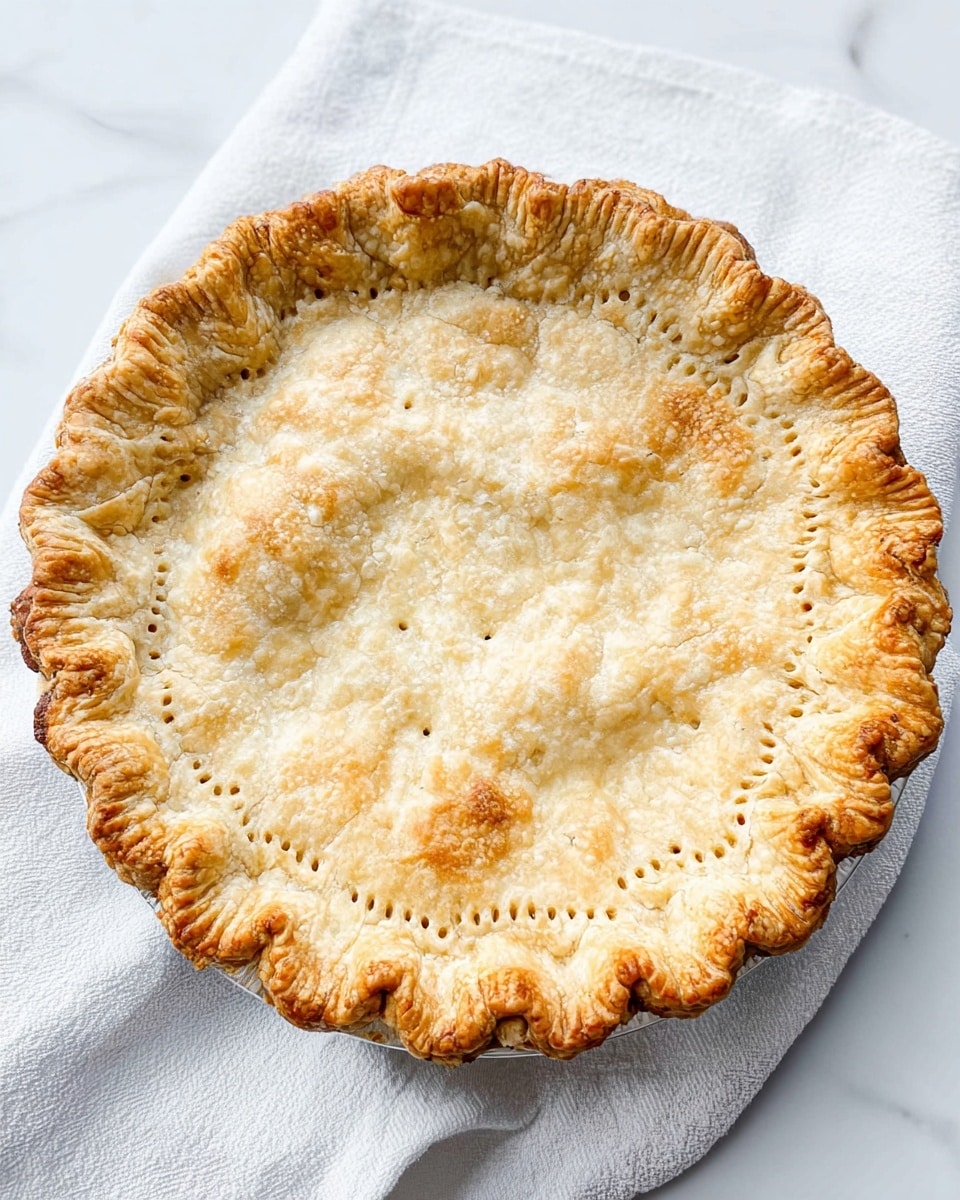 A golden-brown baked pie with a flaky crust sits on a white cloth over a white marbled surface. The crust has a crimped edge that is slightly raised and crinkled, showing a textured, layered look. The pie top is dotted with small fork holes and has a slightly uneven surface with a crisp, buttery finish that is light brown on the raised parts and creamier beige in the lower sections. photo taken with an iphone --ar 4:5 --v 7