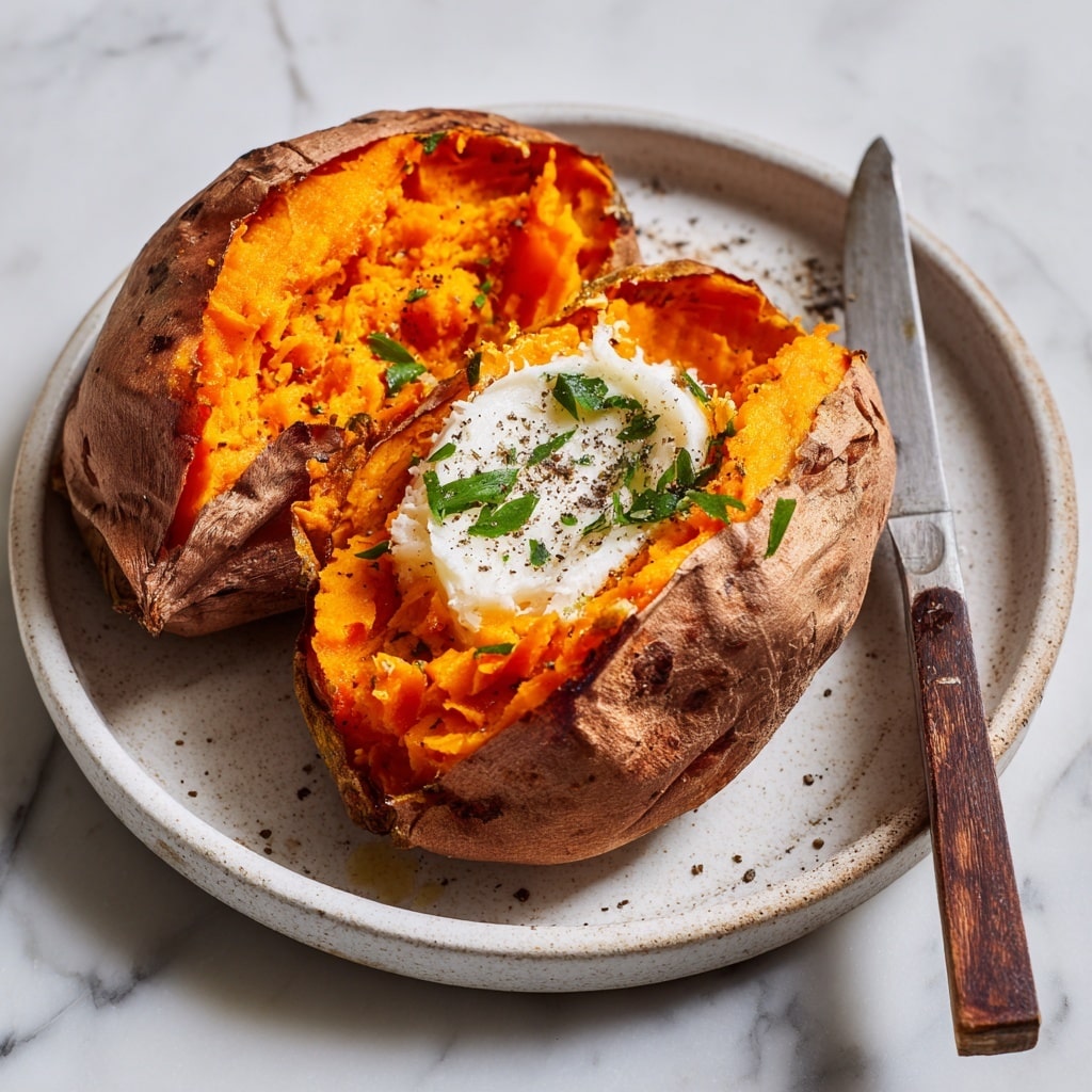 A baked sweet potato split open on a white plate sits on a white marbled surface, showing three main layers: the crispy, brown skin on the outside with natural dark spots and wrinkles; the bright orange, soft, slightly mashed flesh inside with a rough texture; and a small, smooth swirl of white butter placed in the center of the flesh. The potato is sprinkled with flaky sea salt and small green parsley pieces, adding contrast and freshness to the orange color. Coarse black pepper is lightly scattered on the sweet potato flesh. A rustic knife with a wooden handle rests beside the potato. Photo taken with an iphone --ar 4:5 --v 7