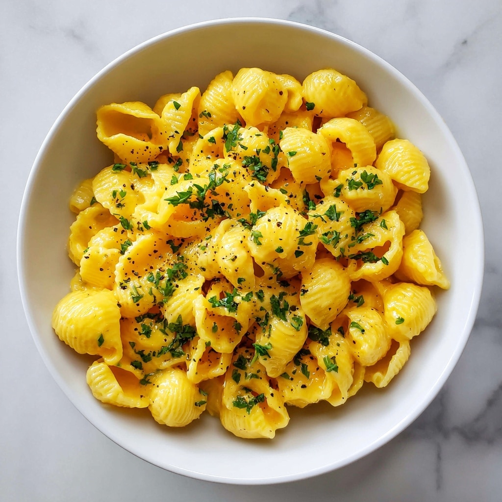 A close-up view of a bowl filled with creamy yellow pasta, where each piece is small and wavy, coated smoothly with a rich cheese sauce. The pasta pieces have a soft, slightly shiny texture that looks very fresh. Sprinkled on top are small green bits of parsley, adding a fresh touch of color and a hint of texture contrast. The bowl is white with a light speckled pattern and rests on a white marbled surface, giving a clean and bright background. photo taken with an iphone --ar 4:5 --v 7