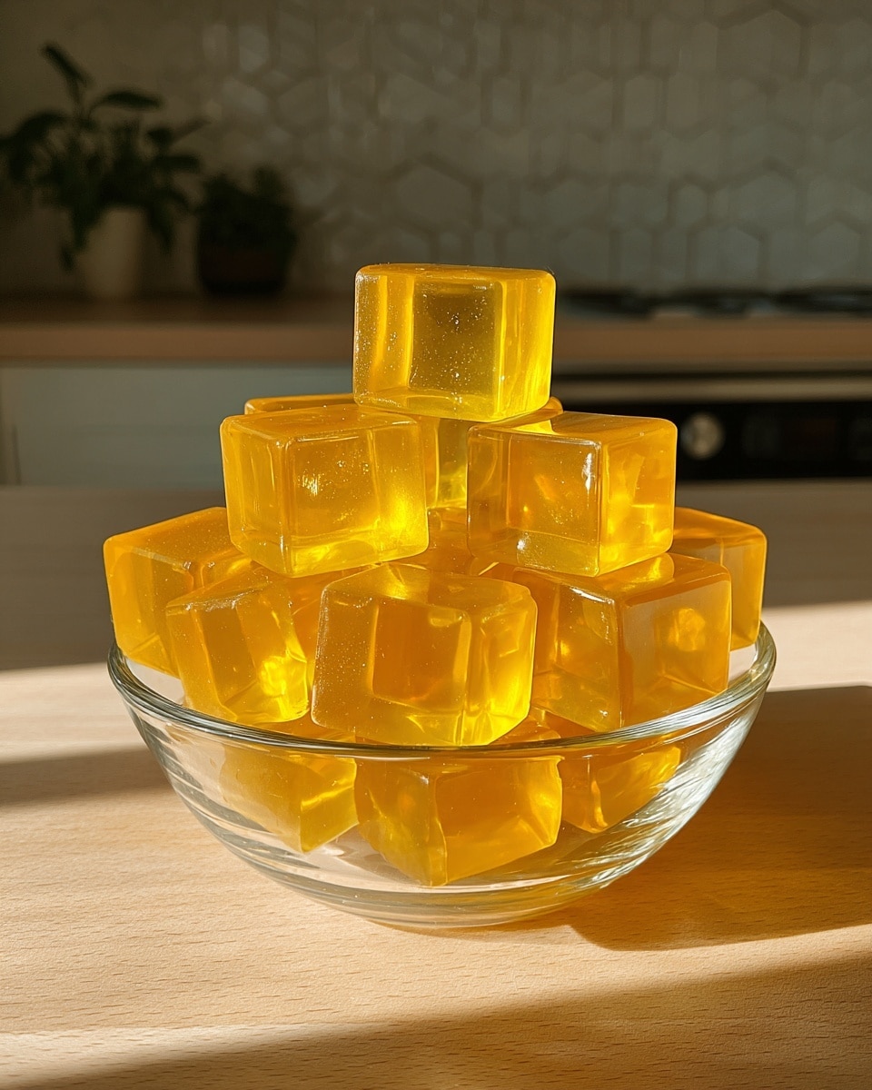 A clear glass bowl filled with many shiny, bright yellow jelly cubes stacked in a pyramid shape, each cube smooth and slightly see-through, resting on a white marbled surface in a warmly lit kitchen setting with soft sunlight casting gentle shadows. photo taken with an iphone --ar 4:5 --v 7
