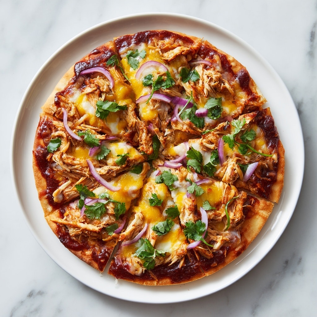 A round flat pizza with a thin light brown crust sits on a white plate on a white marbled surface. The pizza is sliced into eight pieces and has a base layer of glossy reddish-brown barbecue sauce. On top, there are golden melted cheese patches with a mix of light and darker yellow colors. Shredded pieces of cooked chicken are spread evenly across the pizza. Thin rings of purple-red onion are scattered over the cheese and chicken, along with bright green chopped cilantro leaves for a fresh look. The textures vary from soft melted cheese to tender chicken and crunchy onions on the flat baked crust. Photo taken with an iphone --ar 4:5 --v 7