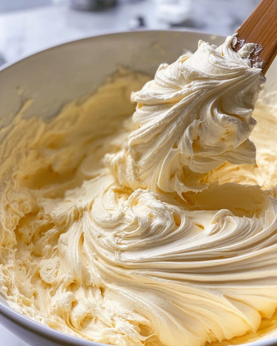 A close-up view of a large amount of creamy white frosting in a white bowl with a wooden spatula partially buried in the frosting. The frosting is thick and smooth with soft, swirled peaks and a glossy texture. The bowl is filled nearly to the top and the frosting has a slightly off-white, buttery color with visible folds and ridges from stirring. The background shows a white marbled surface with a blurred kitchen setting in soft focus. Photo taken with an iphone --ar 4:5 --v 7